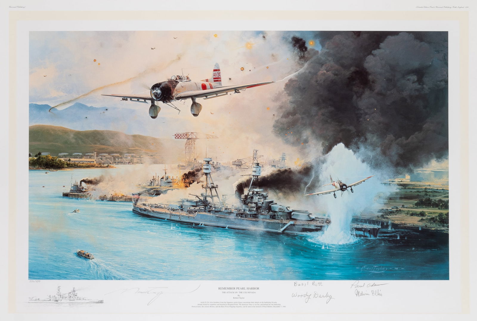 THE ATTACK ON THE USS NEVADA VETERAN SIGNED PRINT: 'The Attack on the USS Nevada,' artwork by Robert Taylor (b. 1946), signed by the artist and those present for the Pearl Harbor attack, including Paul Adams USMC, Melvin Ellis USN, Woodrow Wilson