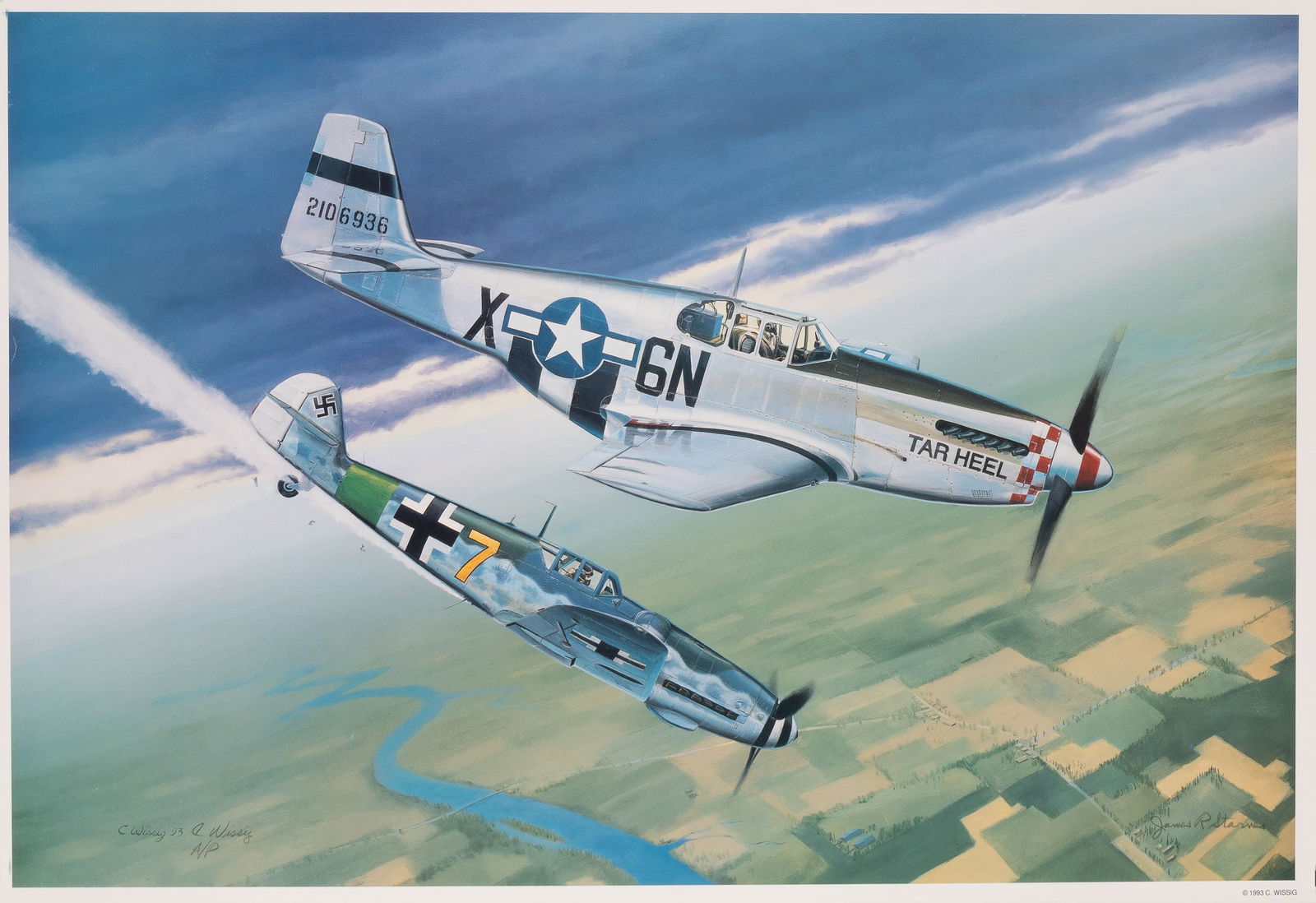 TAR HEEL CHARLES WISSIG SIGNED PRINT: 'Tar Heel,' artwork by Charles Wissig. Limited edition print signed by Wissig and WWII American fighter ace JAMES R. STARNES (1924-2010). 19.25 x 28 inches.