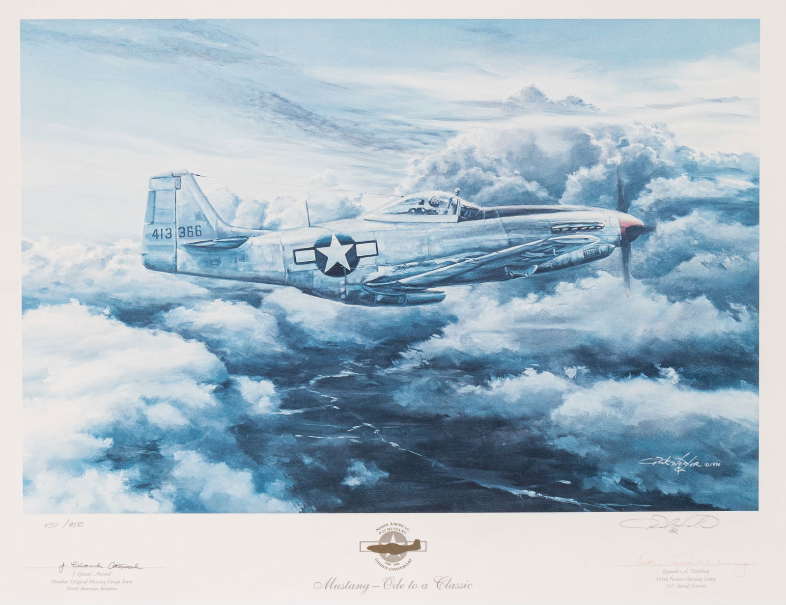 MUSTANG - ODE TO A CLASSIC RICK HERTER SIGNED: 'Mustang - Ode To A Classic,' artwork by Rick Herter. Limited edition print signed by Herter, fighter ace Kenneth A. Dahlberg, and original Mustang designer J. Leland Atwood. The poster was designed f