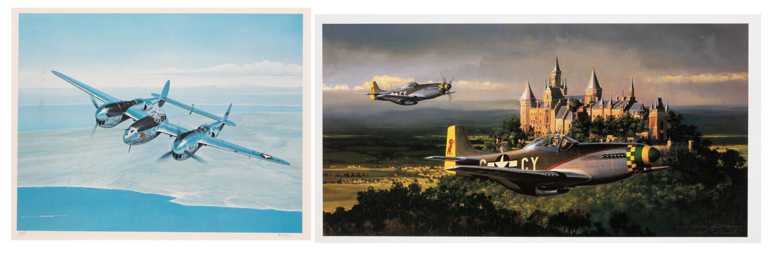2 LIMITED EDITION AVIATION SIGNED PRINTS: Two limited edition aviation signed prints, including 'Victory Pass,' artwork by William S. Phillips, signed by the artist and numbered 75/550, feature a pair of P-51D Mustangs making a low pass over