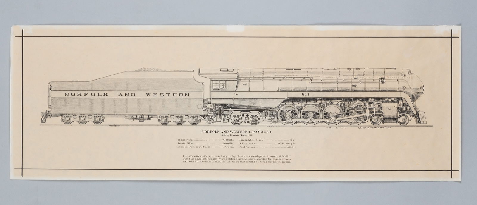 NORFOLK AND WESTERN CLASS J 4-8-4 POSTER: Norfolk and Western Class J 4-8-4 train poster, artwork by Bill Berkompas, 1982. Sun-toned and three mounting tape remnants on the reverse at the top. 11 x 32 inches.
