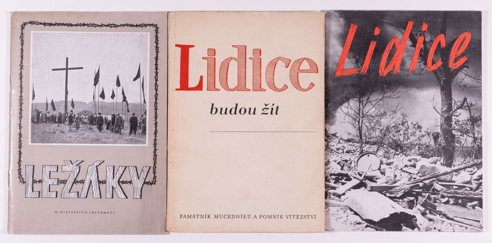 3 NAZI MASSACRE LEZAKY AND LIDICE BOOKS: Lot of three Nazi massacre Czech books, about the massacres and complete destruction of Lezaky and Lidice village, including 'Lezaky,' edited by Dr. Josef Petrtyl, Ministry of Information, 1946, 'Lidi