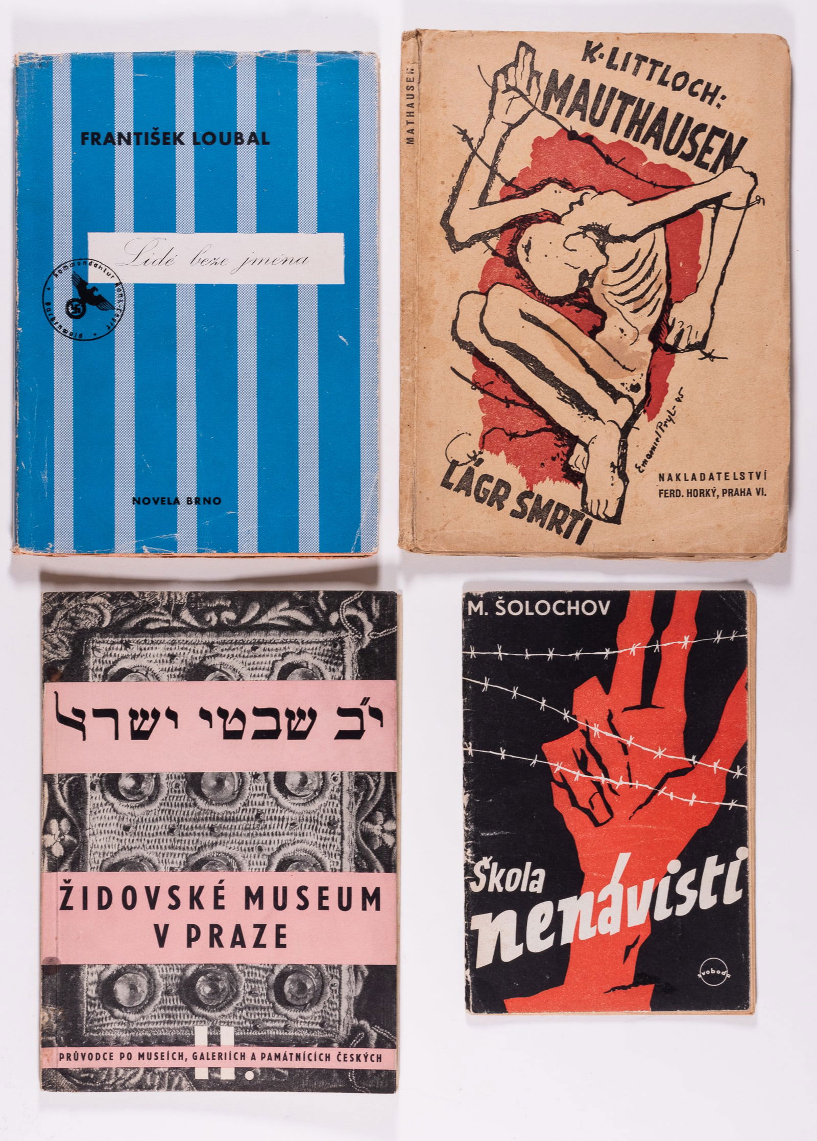 4 HOLOCAUST BOOKS: Lot of four Holocaust books, most focused on concentration camps, including 'Mauthausen Death Concentration Camp - Memories of 1941-42,' by Karel Littloch, 1946, some tearing around the cover, 'School