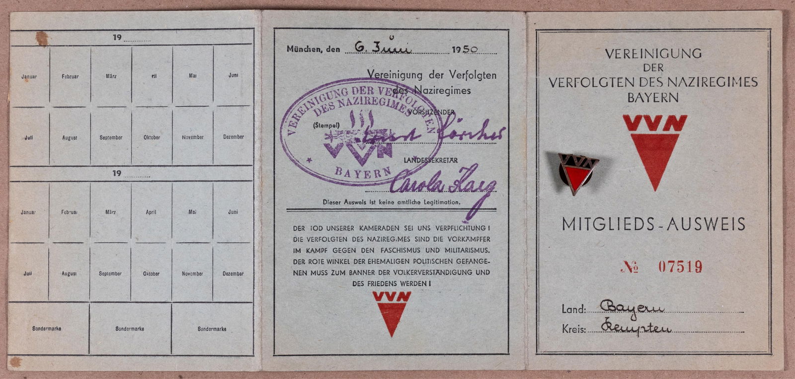 PERSECUTEES OF THE NAZI REGIME GROUPING: German Bavarian post-war issued identification and membership badge for persecutees of the Nazi Regime. The document was issued to Rolf Rehhan, born 2.1.1919 in Leipzig, living in Bavaria. The documen