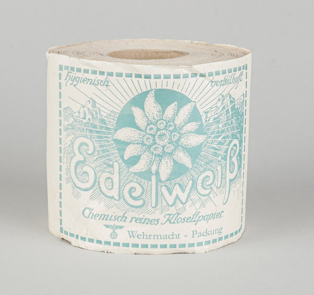 EDELWEISS GERMAN WEHRMACHT ISSUE TOILET PAPER: German 'Edelweiss' Wehrmacht toilet paper, picture of an Edelweiss flower on the paper sleeve, marked 'Wehrmacht Package', and a Wehrmacht eagle insignia. Unused.
