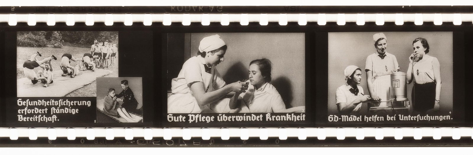 WWII GERMAN HITLER YOUTH FIRST AID PROPAGANDA EDUCATIONAL FILM REEL: WWII German Hitler Youth first aid propaganda 'educational' teaching film, 'illustrated book for training in the Hitler Youth,' 35mm b/w slide reel, titled 'Be Ready and Help,' by Lipropa, Lichtbildpr