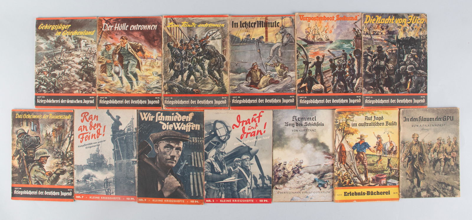 13 GERMAN HITLER YOUTH STORY BOOKS: Thirteen German Hitler Youth storybooks, soft-cover books written in German. Features heroic stories of German soldiers. 5.75 x 8.25 inches.