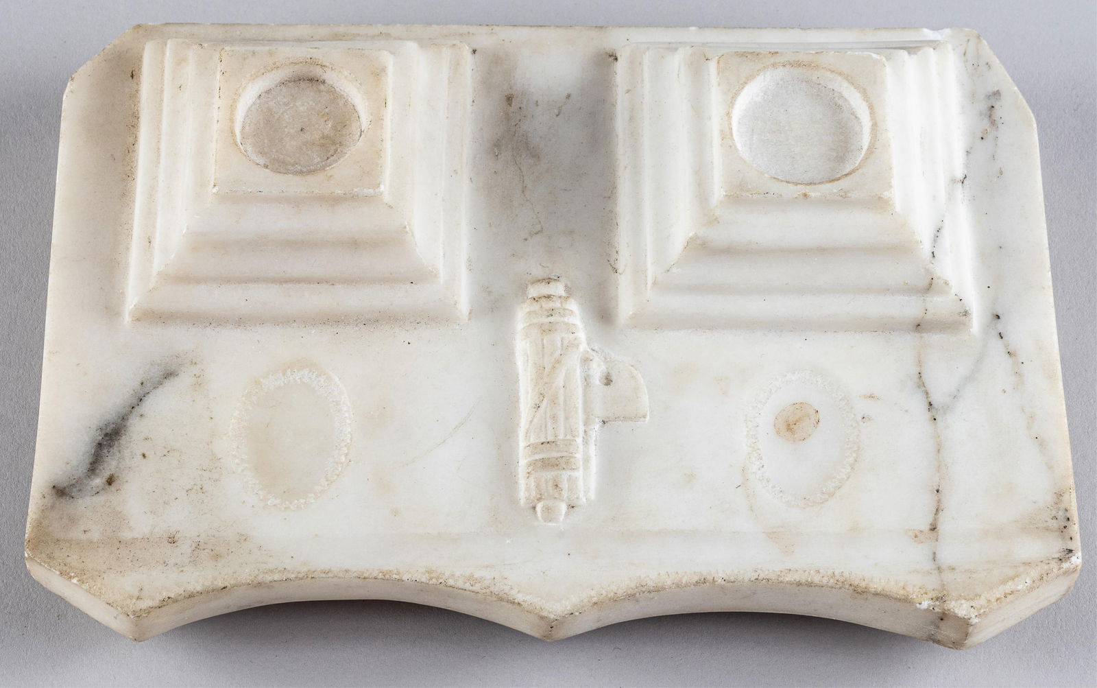 WWII ITALIAN FASCIST MARBLE INK WELL HOLDER: WWII Italian fascist marble ink well holder, with two spots for inkwells. In between both inkwells is a Italian fasces insignia. Most likely from the office of a high official. 9.25 x 6.5 x 2.25 inche