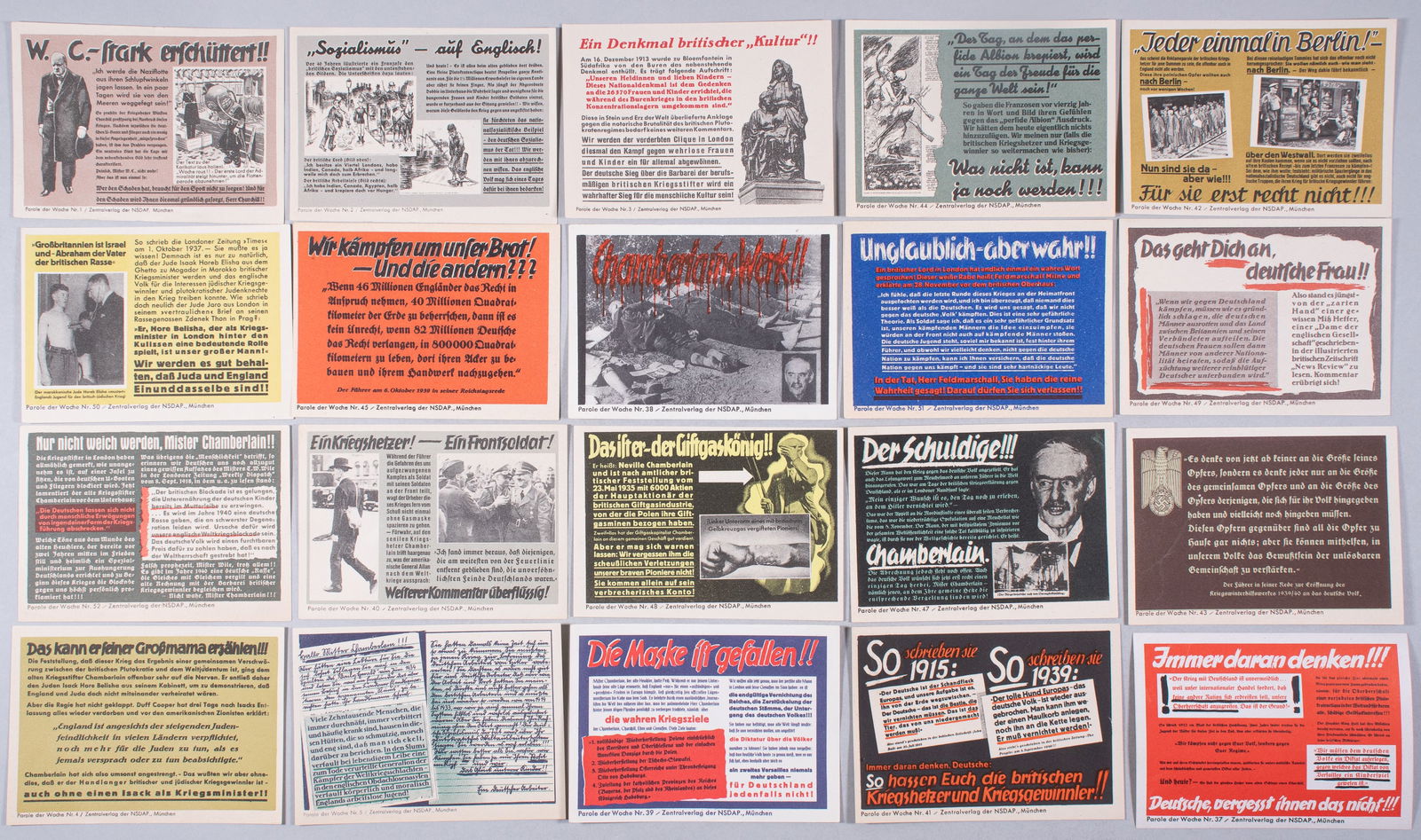 20 WWII GERMAN PAROLE DER WOCHE PROPAGANDA VIGNETTES: Twenty WWII German Parole Der Woche propaganda wall newspapers - Parole Der Woche - propaganda vignettes (small posters), featuring many anti-British, anti-democratic propaganda, and a yellow one