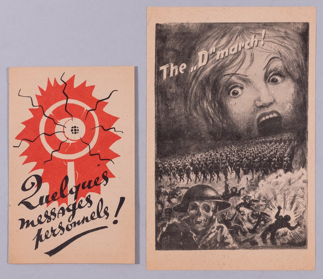 2 WWII PROPAGANDA LEAFLETS LIBERATED FROM THE PARIS NAZI PROPAGANDA OFFICE: Two WWII propaganda leaflets liberated from the Paris Nazi Propaganda Office, aimed at turning the allies against Soviet soldiers, including 'Zuelques messages personnels!' with many caricature