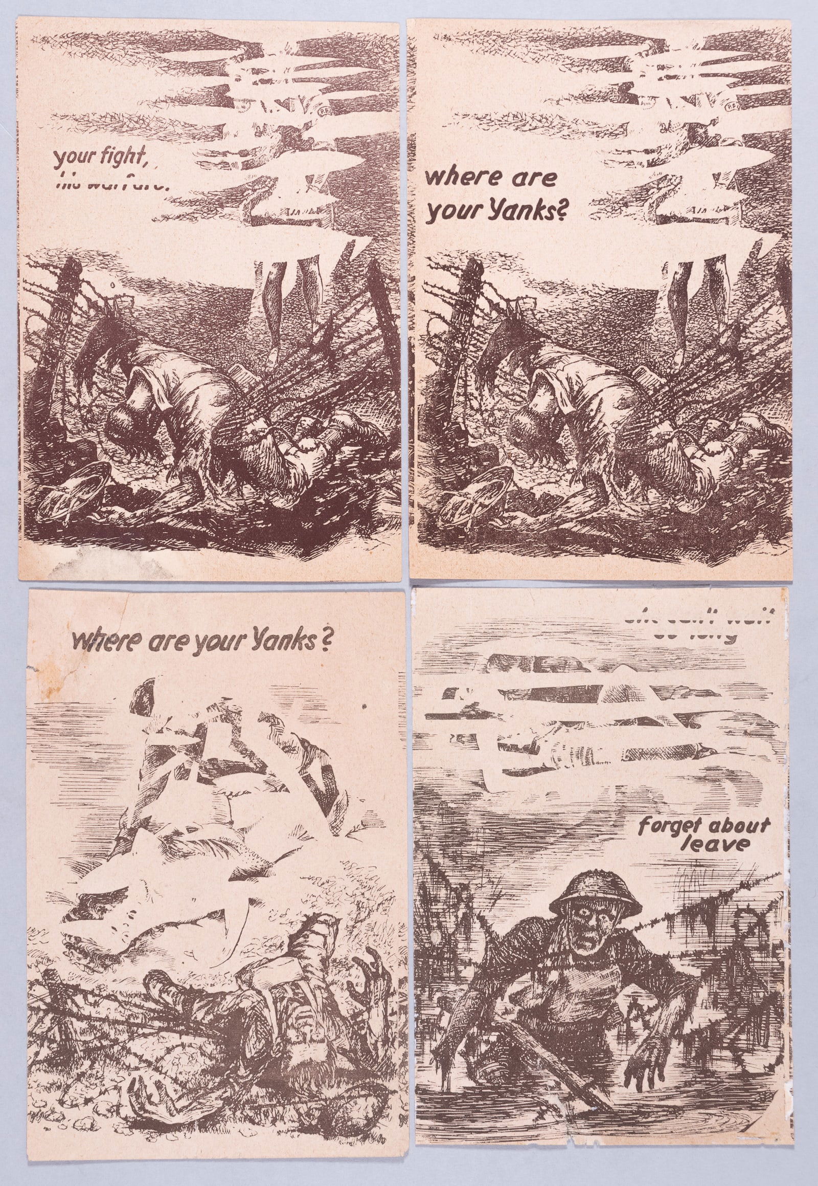 4 WWII PROPAGANDA LEAFLETS LIBERATED FROM THE PARIS NAZI PROPAGANDA OFFICE: Four WWII propaganda leaflets liberated from the Paris Nazi Propaganda Office, aimed at making Allied soldiers miss their loved ones, including 'your fight, his warfare,' AW 36c, 'she can't wait so