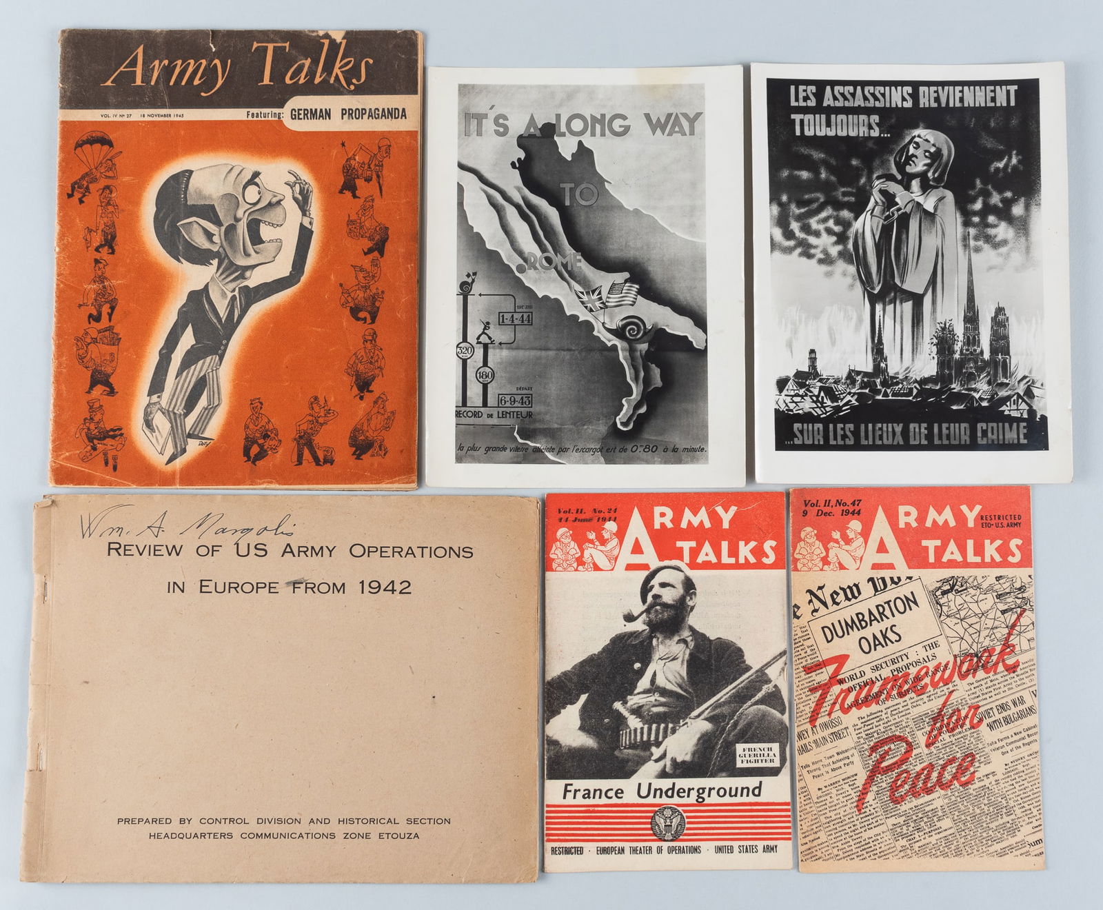 WWII AMERICAN ETO EPHEMERA [D-DAY, BATTLE OF THE BULGE]: Collection of WWII American European Theater of Operations ephemera, all from military photographer Bill Margolis. Margolis arrived in Paris on August 16th, 1944, and was initially billeted in Petit P