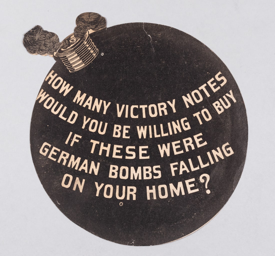 WWI HOMEFRONT PROPAGANDA LEAFLET: WWI American Homefront propaganda leaflet, in the shape of an Egg Grenade, one side reads 'How Many Victory Notes Would You be Willing to Buy if These Were German Bombs Falling on Your Home?' The
