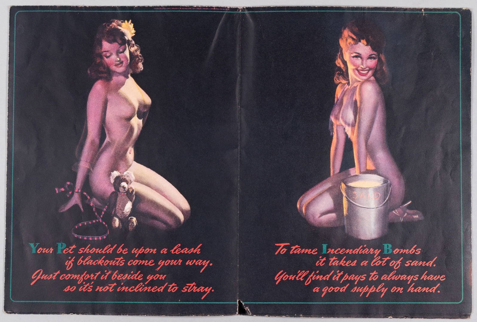 WWII BLACKOUT PROPAGANDA PIN-UP POSTER: WWII Blackout propaganda fold-out pin-up poster, each section with a war-related caption underneath a nude pin-up illustration, artwork by Earl MacPherson (1910-1993), Frank E. Jones Machinery Co.,