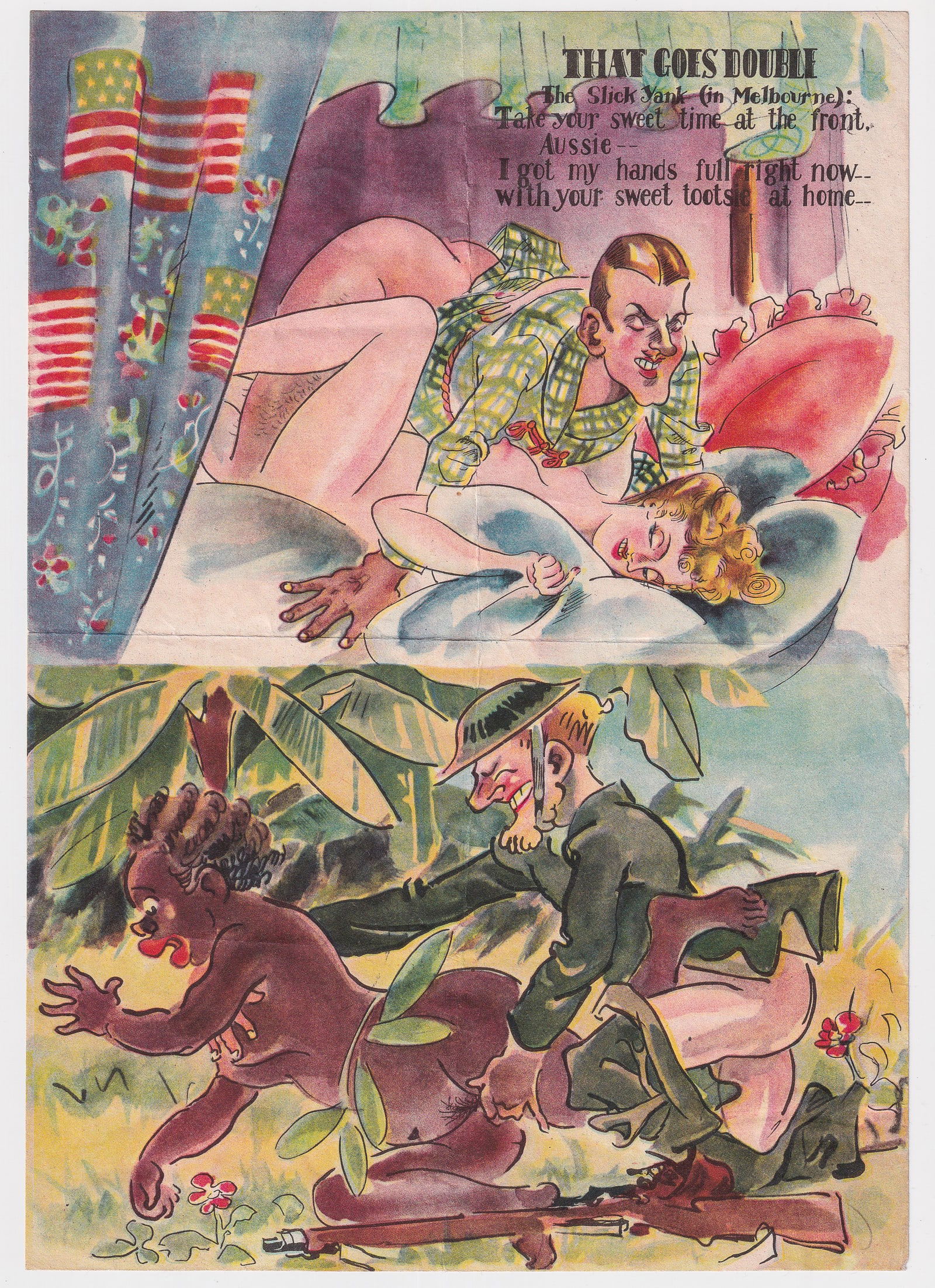 RARE WWII JAPANESE EROTIC PROPAGANDA LEAFLET: Rare WWII Japanese erotic propaganda leaflet, reads 'That Goes Double / The Slick Yank (in Melbourne): Take your sweet time at the front Aussie-- I got my hands full right now-- with your sweet