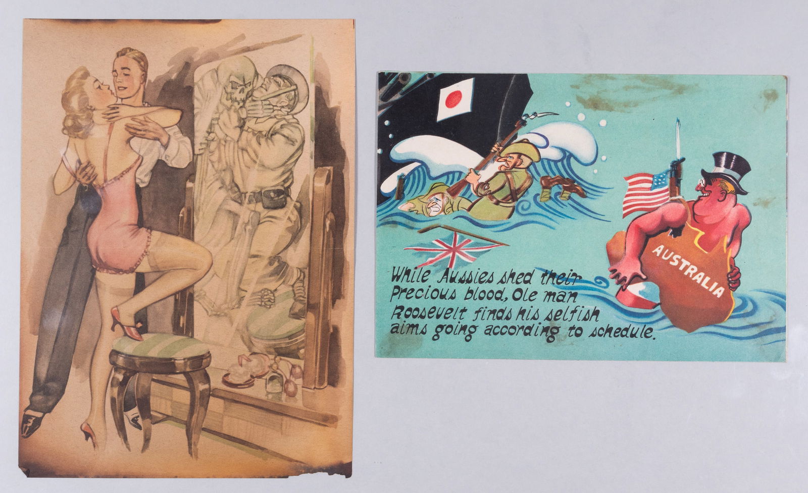 2 WWII ANTI-ALLIES PROPAGANDA LEAFLETS: Two WWII anti-Allies propaganda leaflets, including two from the Germans, 'Mirror-Wise / A Precarious Story,' with the imagery of an American soldier being strangled by death on the front. Along with