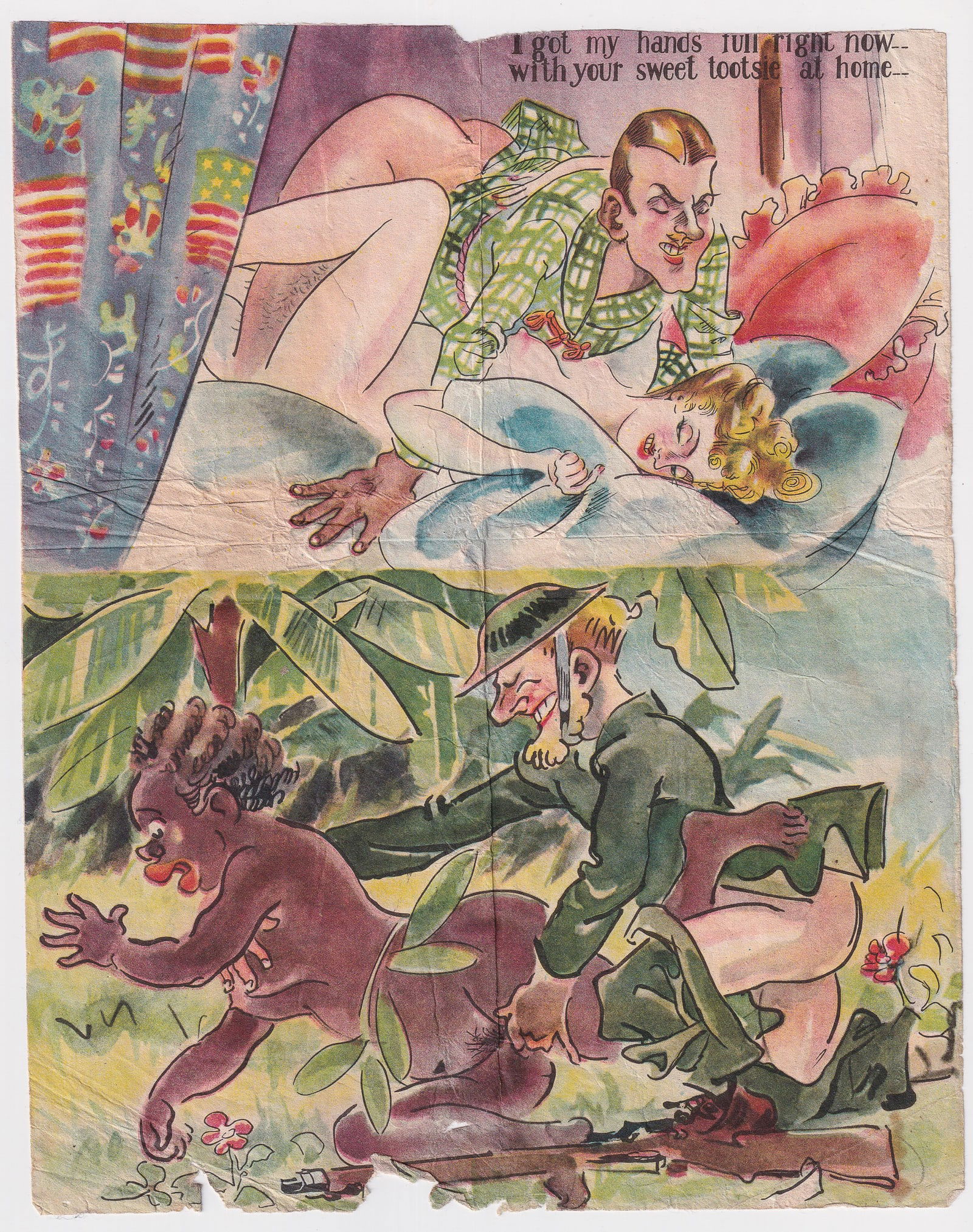 RARE WWII JAPANESE EROTIC PROPAGANDA LEAFLET: Rare WWII Japanese erotic propaganda leaflet, reads 'I got my hands full right now-- with your sweet tootsie at home--' with the illustration of an American soldier with an Australian woman at the