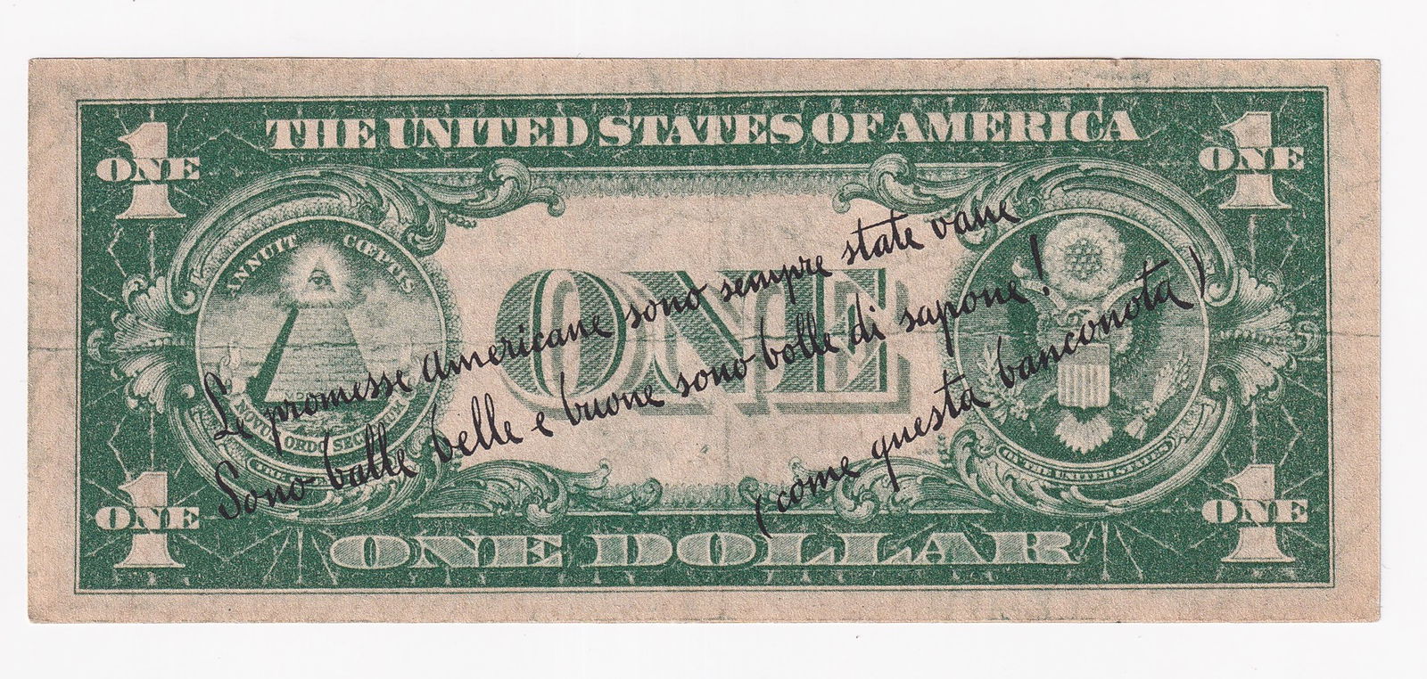 GERMAN ANTI-AMERICAN PROPAGANDA DOLLAR BILL IN ITALIAN (1 of 2)