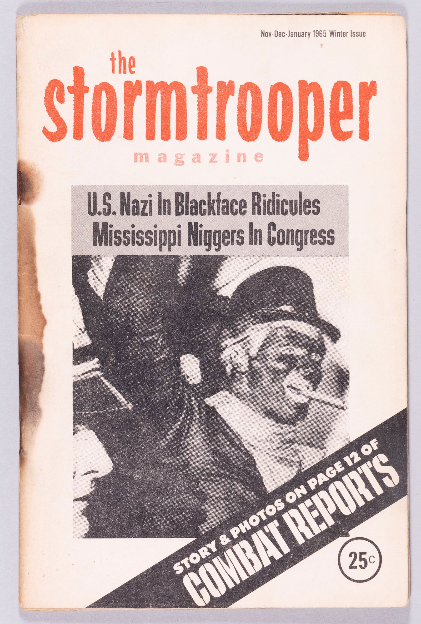 THE STORMTROOPER MAGAZINE 1965: 'The Stormtrooper' American Nazi Party magazine, Winter issue, 1965. 'The Stormtrooper magazine / U.S. Nazi in Blackface Ridicules Mississippi Ni**ers in Congress.' Sponsored by George Lincoln