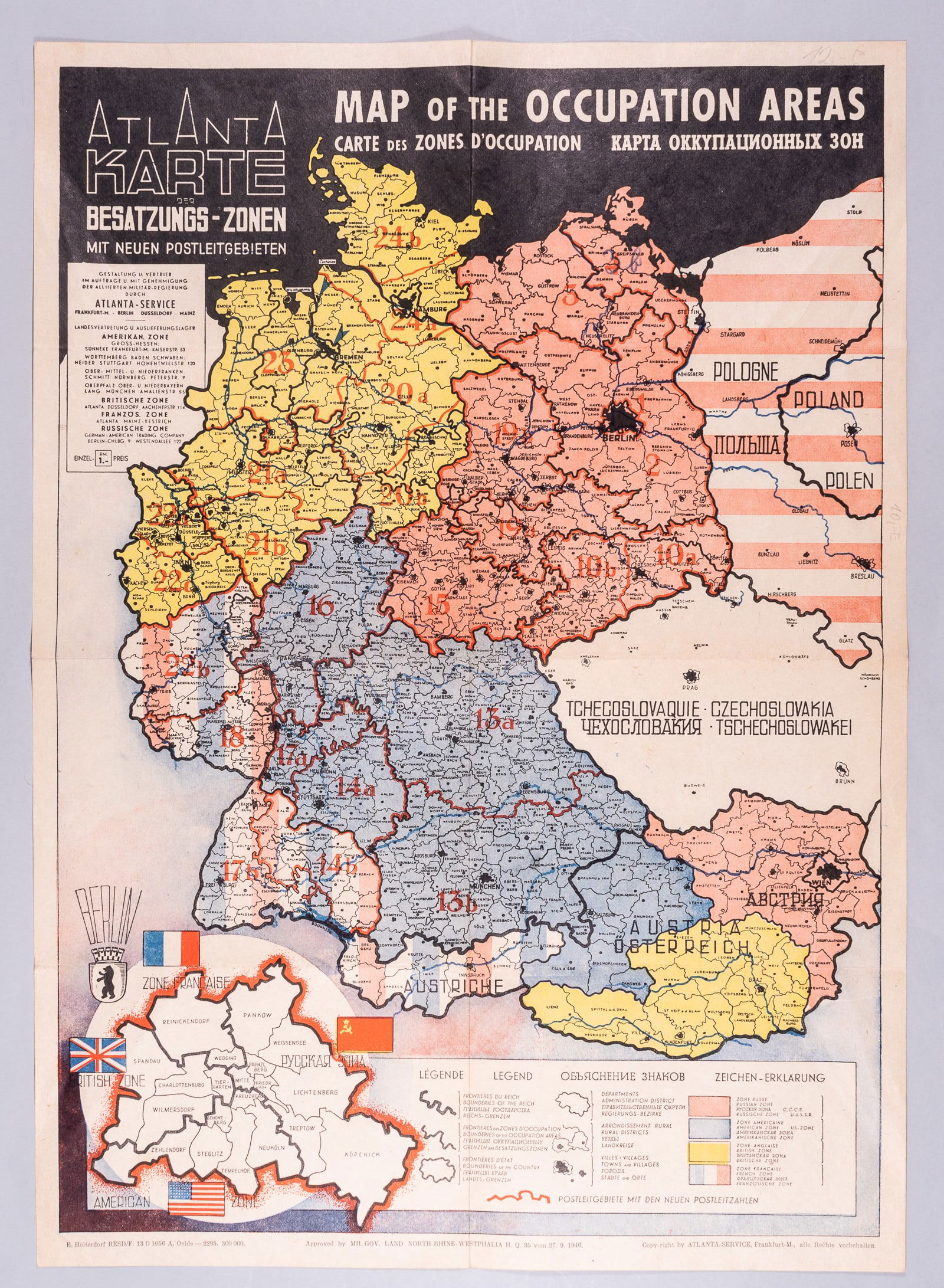 MAP OF GERMAN OCCUPATION: Original 'Map of the Occupation Areas.' This colorful map depicts Germany and Central Europe in the immediate wake of World War II. The Allied Powers met at the Potsdam Conference and agreed to