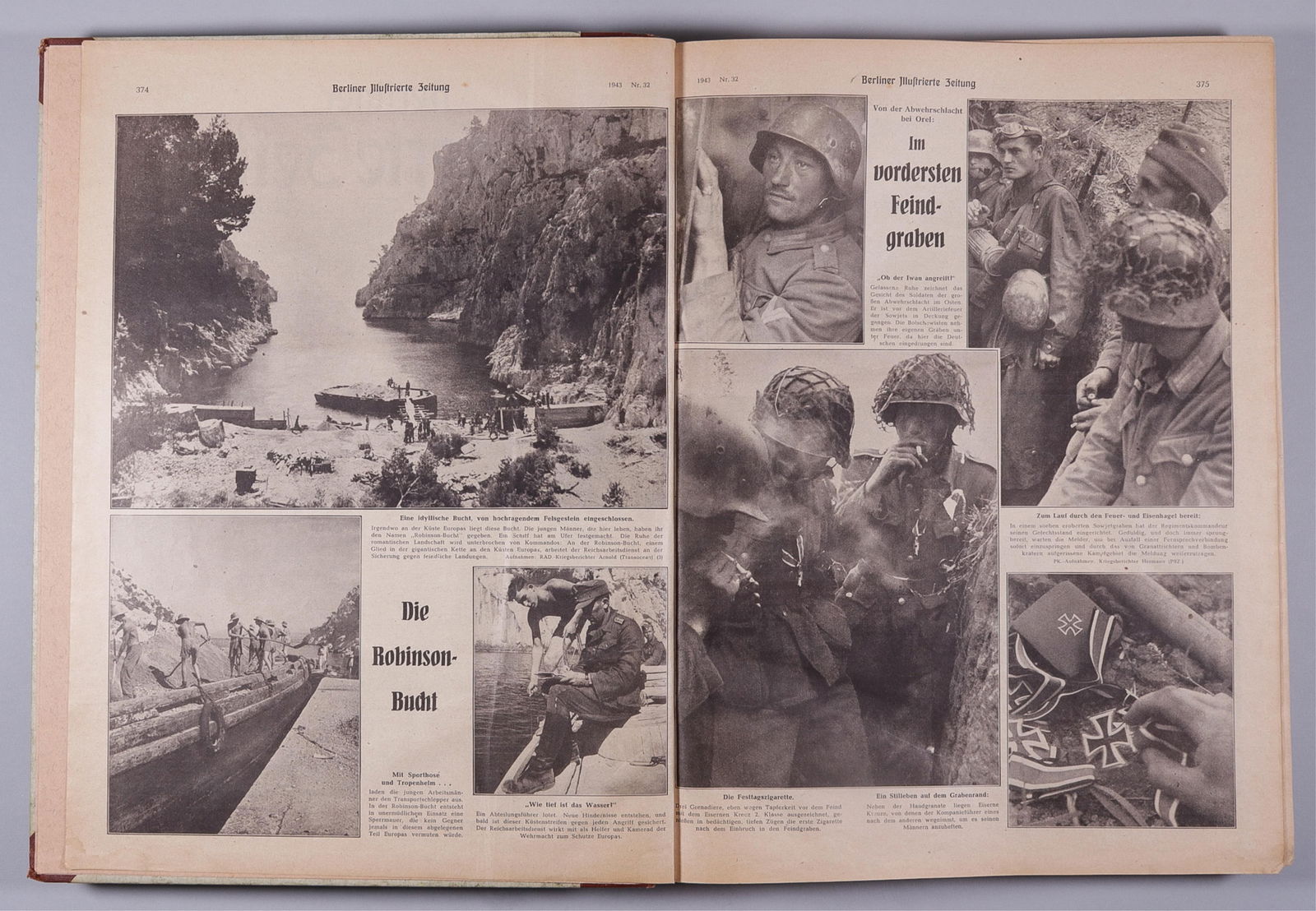 BERLINER ILLUSTRIERTE ZEITUNG BOUND COLLECTION [1943-1944]: Berliner Illustrierte Zeitung bound collection, including issues number 33 to 41 and 44 to 52 of 1943, and issues number 1 to 4 and 6 to 34. Hardcover bound book, 51 total issues, pages may have