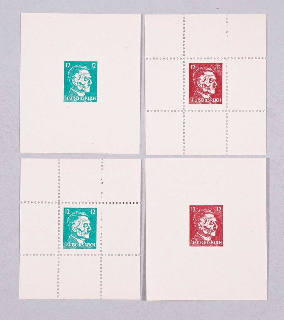 4 OPERATION CORNFLAKES OSS COUNTERFIT STAMPS: Four Operation Cornflakes propaganda stamps, each a recreation of the Hitler 12 Penfig stamps with a skull imposed over Hitler's face, at the bottom reads 'Futsches Reich' [Ruined Empire]. Two of the