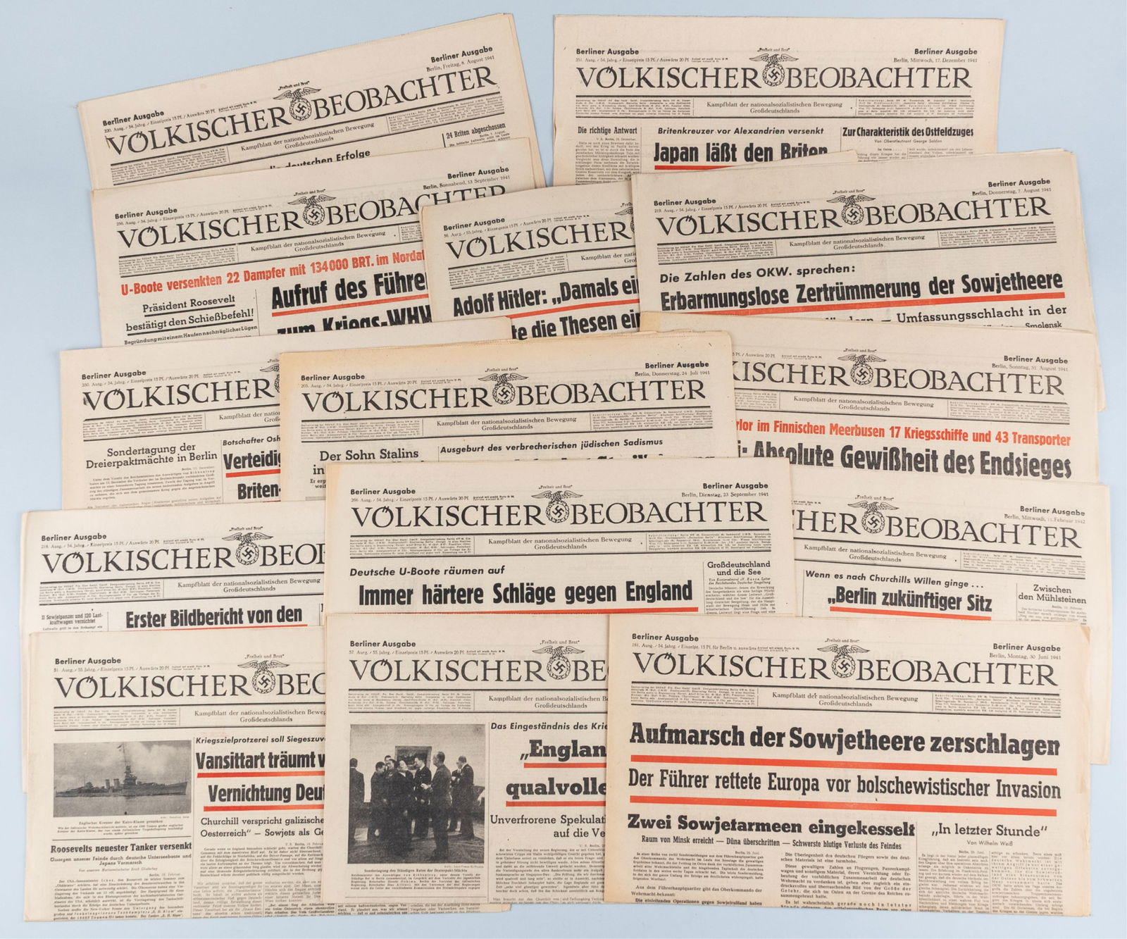 14X WWII VOLKISCHER BEOBACHTER NEWSPAPERS: Fourteen issues of WWII Volkischer Beobachter newspapers, some headlines include 'If Churchill had his way... Berlin future seat of the Bolshevik government,' 'The Fuhrers call for wartime relief,' 'E