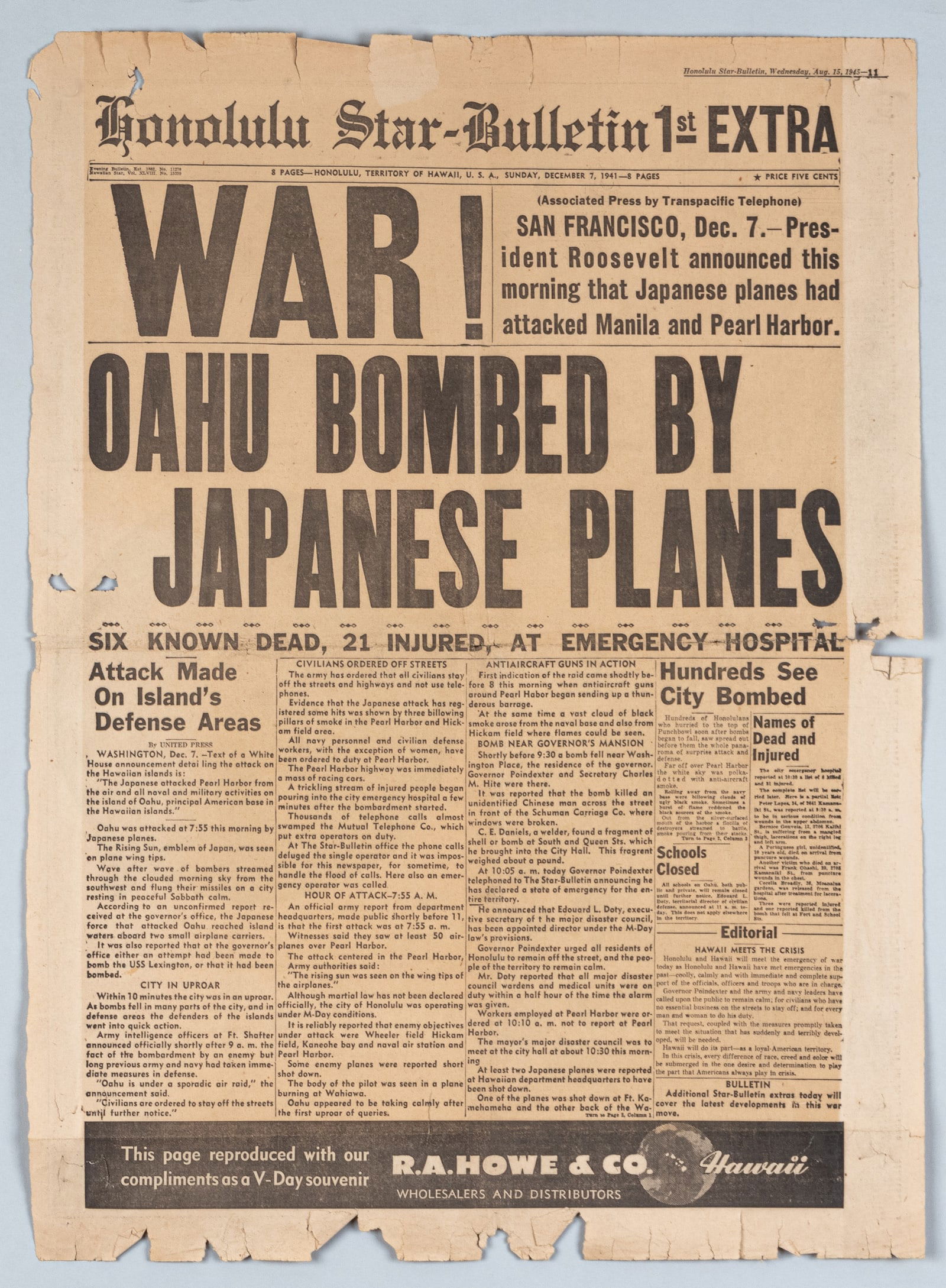 11 PEARL HARBOR ANNOUNCEMENT NEWSPAPERS (1 of 13)