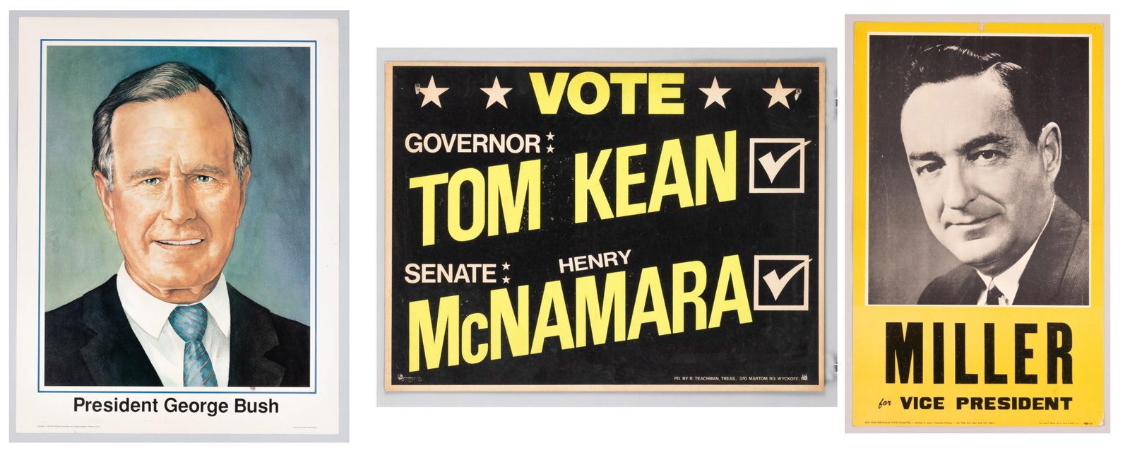3 REPUBLICAN CANDIDATE POSTERS: Three Republican Party candidate posters, including 'President George Bush,' 1989 Frank Schaffer Publications, minor tear on the bottom and wear throughout. Printed on cardstock. 17 x 22 inches.