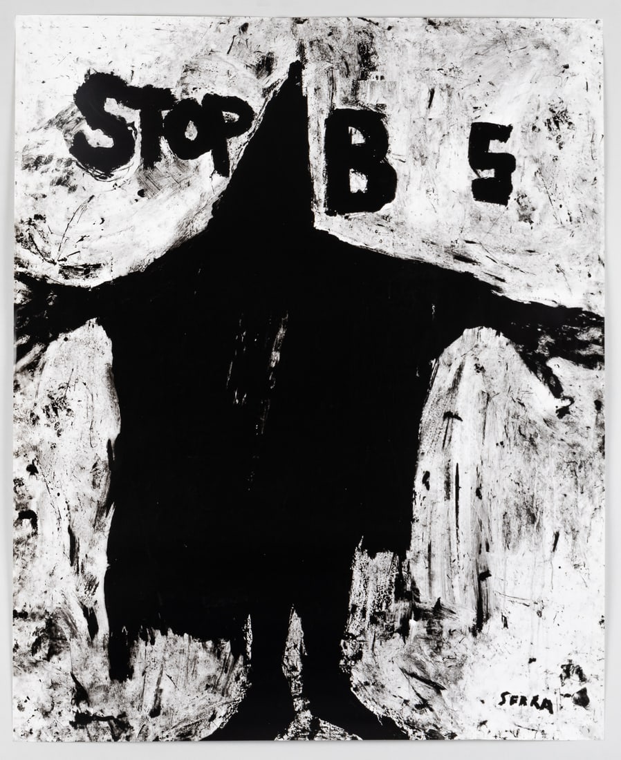 STOP B S ANTI-WAR PROTEST POSTER BY RICHARD SERRA: Richard Serra (1939-2024). Stop B[ush]S - anti-war protest poster, 2004. Features a b/w illustration of The Hooded Man, a prisoner in Abu Ghraib prison who was subject to torture and photographed,
