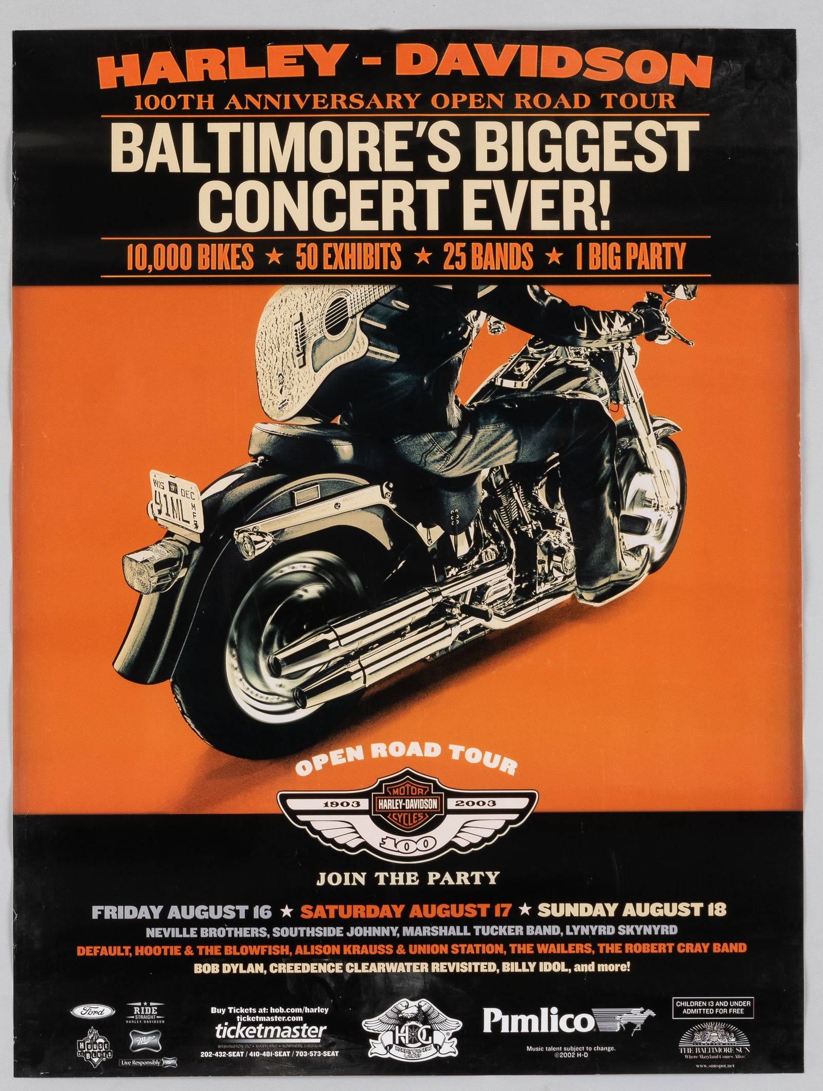 HARLEY-DAVIDSON 100TH ANNIVERSARY OPEN ROAD TOUR CONCERT POSTER: Original Harley-Davidson 100th Anniversary Open Road Tour concert poster from 2002 for the Baltimore show. The concert featured the Neville Brothers, Lynyrd Skynyrd, Marshall Tucker Band, Hootie &