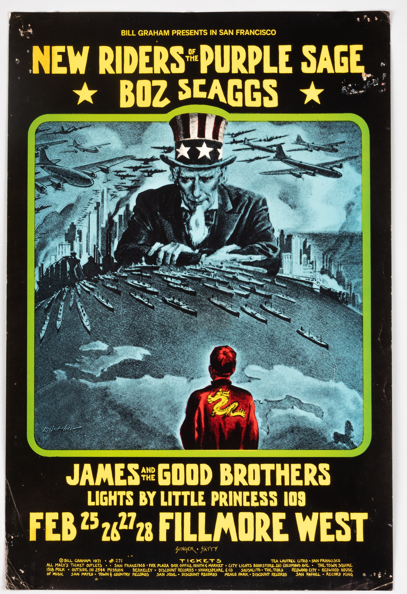 BILL GRAHAM FILMORE WEST CONCERT POSTER BG-271: Bill Graham Presents #271 - Fillmore West Concert Poster, 1971. New Riders of the Purple Sage, Boz Scaggs, James and the Good Brothers. Artwork by David Singer. Original Bill Graham Presents Fillmore 