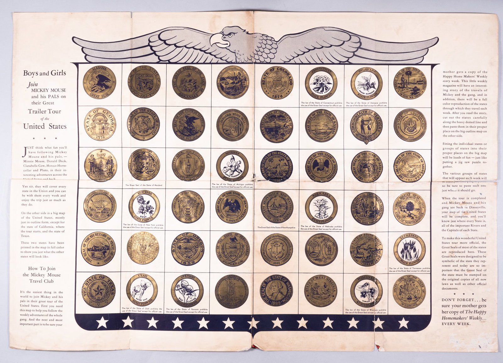 1938 MICKEY MOUSE TRAVEL CLUB PREMIUM MAP COMPLETE: Mickey Mouse Travel Club premium Mickey Mouse Map of the United States, fill-in travel map, complete with all of the 48 state cutouts. These cut-outs were available in issues of 'Happy Homemakers'