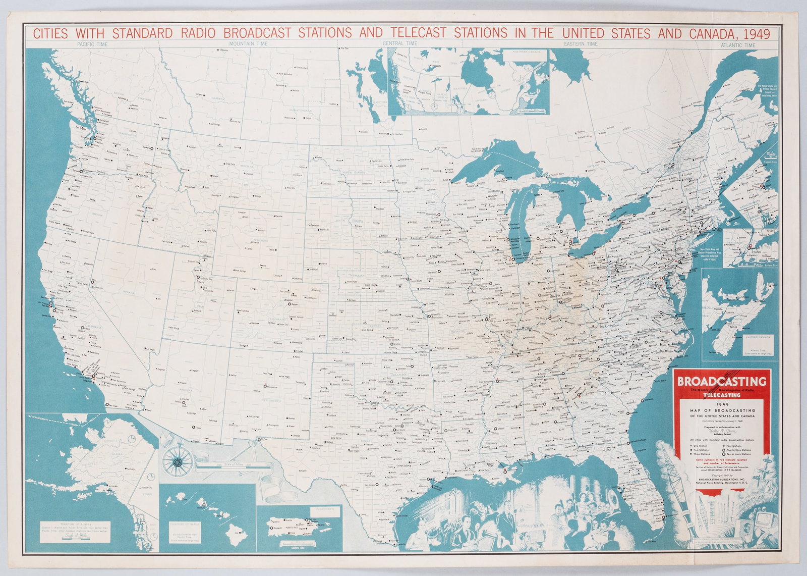1949 MAP OF BROADCASTING IN THE US AND CANADA BY WALTER P. BURN: Important 1949 Map of Broadcasting in the United States and Canada, for radio and televison broadcasting. Prepared in collaboration with Colonel Walter P. Burn (1894 - 1959), American cartographer