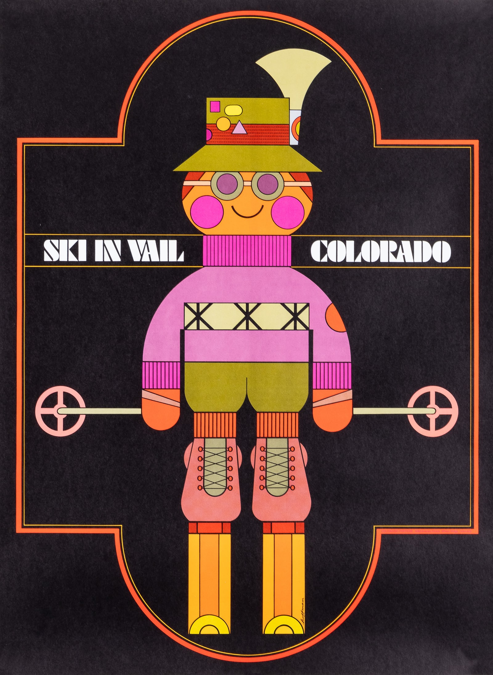 SKI IN VAIL COLORADO BLACKLIGHT POSTER: 'Ski In Vail Colorado,' blacklight poster, artwork by Gene Hoffman (1933-2005), printed by Colorado Posters, 19 x 25.75 inches, very nice.