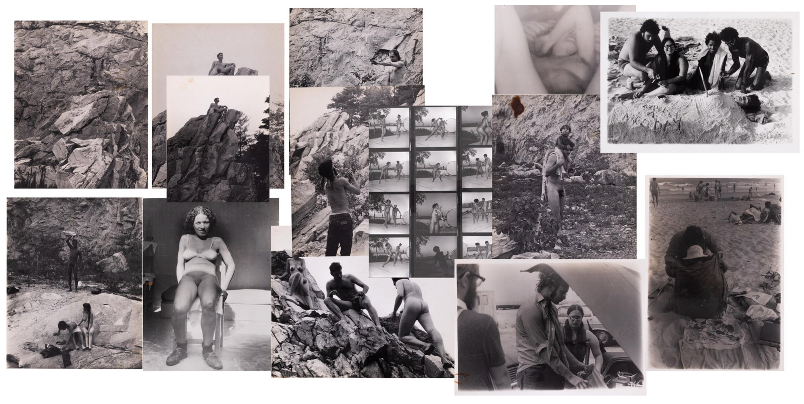 16 NUDE HIPPIE SILVER GELATIN PRINTS: Sixteen nude hippie silver gelatin prints, fifteen are 8 x 10 single photos, with one being a contact sheet of twelve photos. 8 x 10 inches each.
