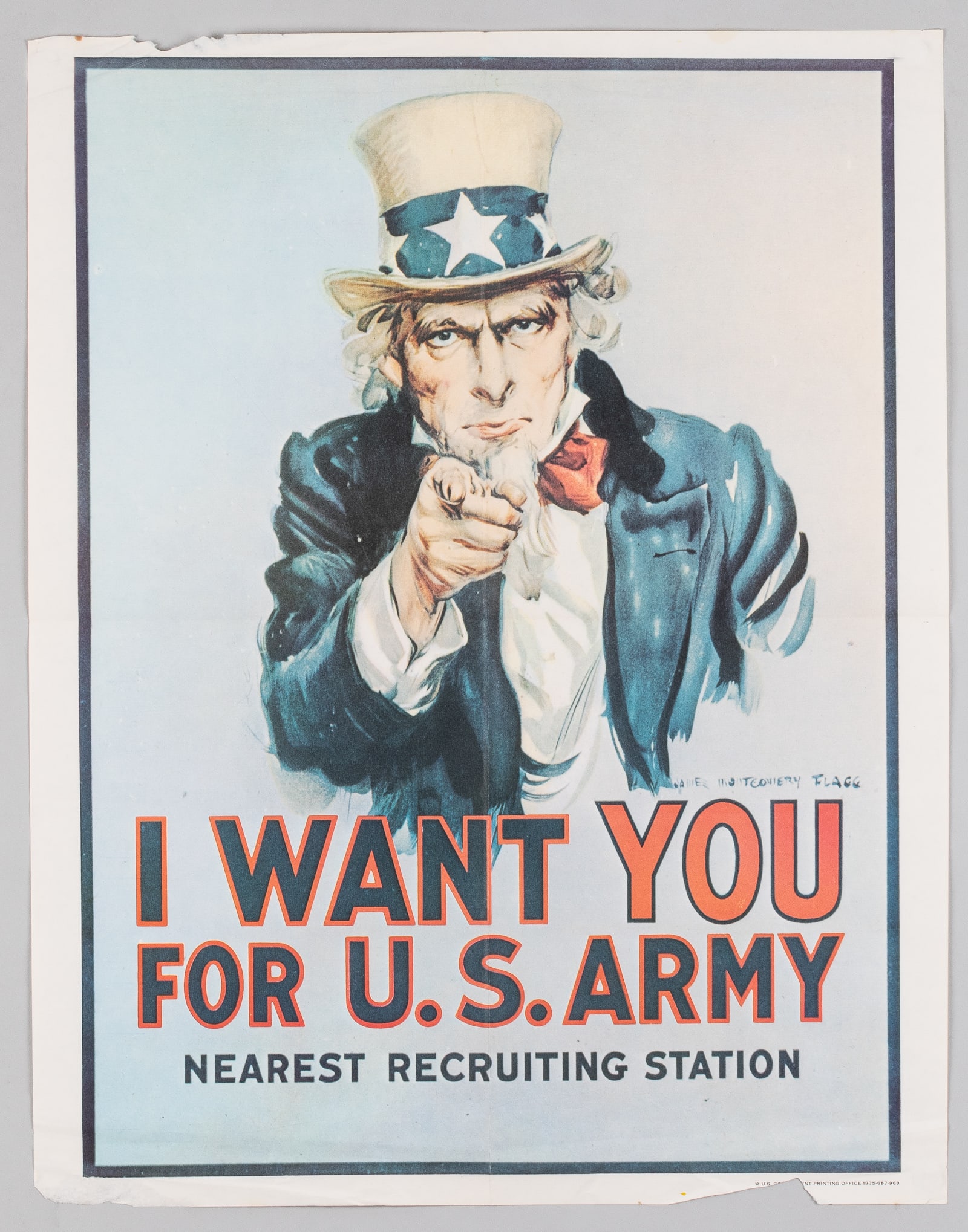UNCLE SAM VIETNAM I WANT YOU BY JAMES MONTGOMERY FLAGG POSTER: Original Vietnam-era James Montgomery Flagg Uncle Sam recruitment poster, 'I Want You for U.S. Army - Nearest Recruiting Station', U.S. Government Printing Office 1975-667-968. Folds, loss at top and 
