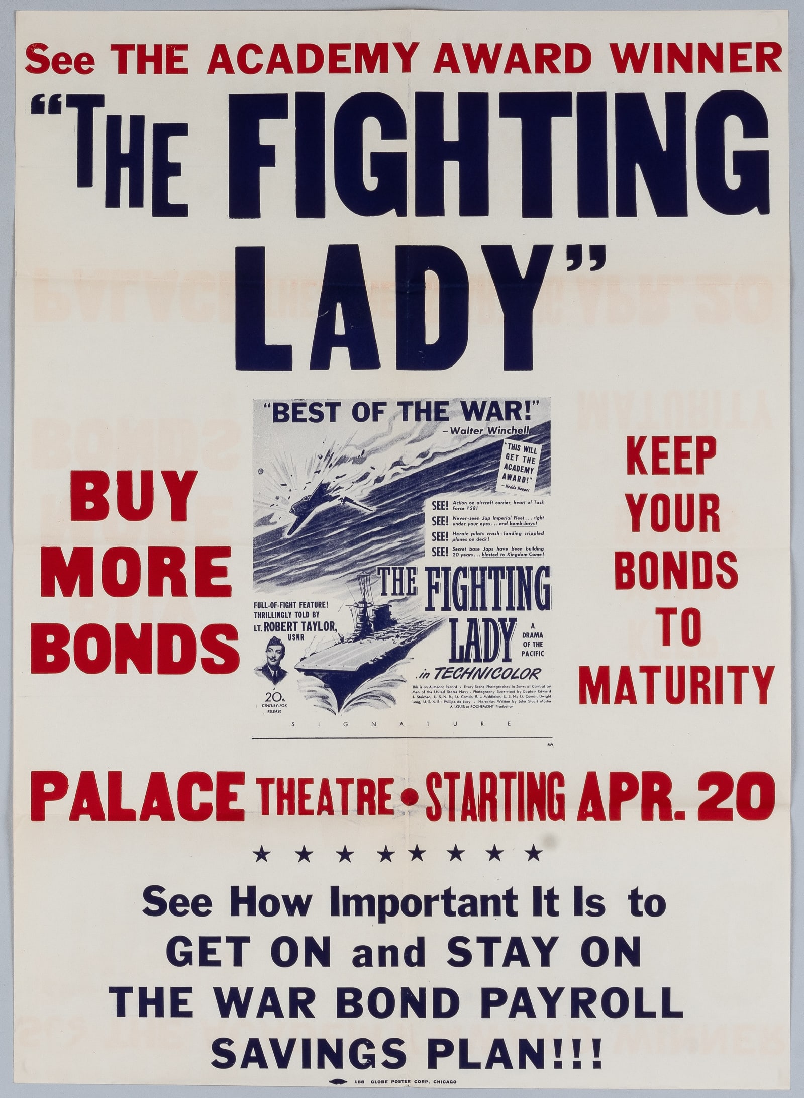 USS YORKTOWN THE FIGHTING LADY WWII POSTER: Original WWII tie-in movie war bonds poster for the Academy Award-winning movie 'The Fighting Lady. Produced by the U.S. Navy. This documentary film describes the campaigns of the USS Yorktown. For a 