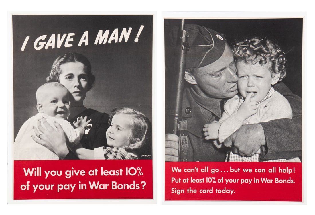I GAVE A MAN - 2 WWII PROPAGANDA POSTERS: Two WWII U.S. Treasury War Savings Staff propaganda posters issued in 1942 to encourage citizens to buy war bonds and stamps. 1. 'We can't all go... but we can all help! Put at least 10% of your pay i