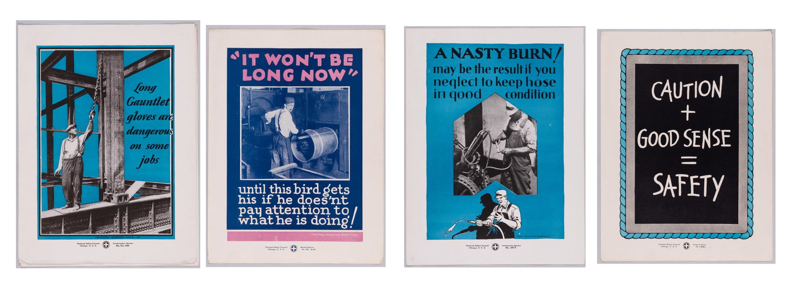 FOUR 1927 INDUSTRIAL NATIONAL SAFETY COUNCIL POSTERS: Selection of four vintage industrial workers safety posters published by the National Safety Council, Chicago, 1927. Three photos depict industrial iron workers. Good, each poster measures 9 x 12