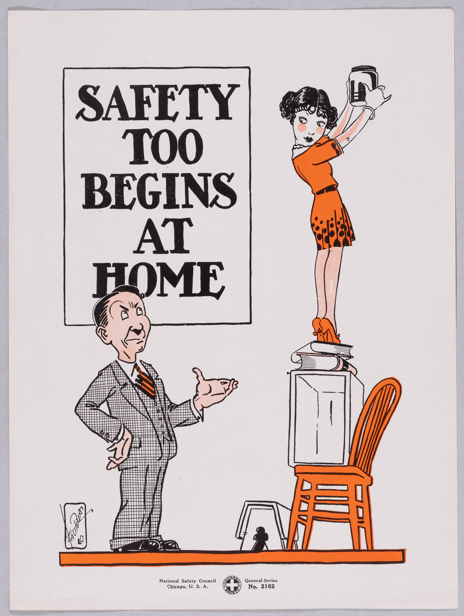 SAFETY BEGINS AT HOME 1927 NATIONAL SAFETY POSTER: Safety Too Begins At Home - Original 1927 safety poster, published by the National Safety Council, Chicago, General Series Number 2162. 9 x 12 inches.