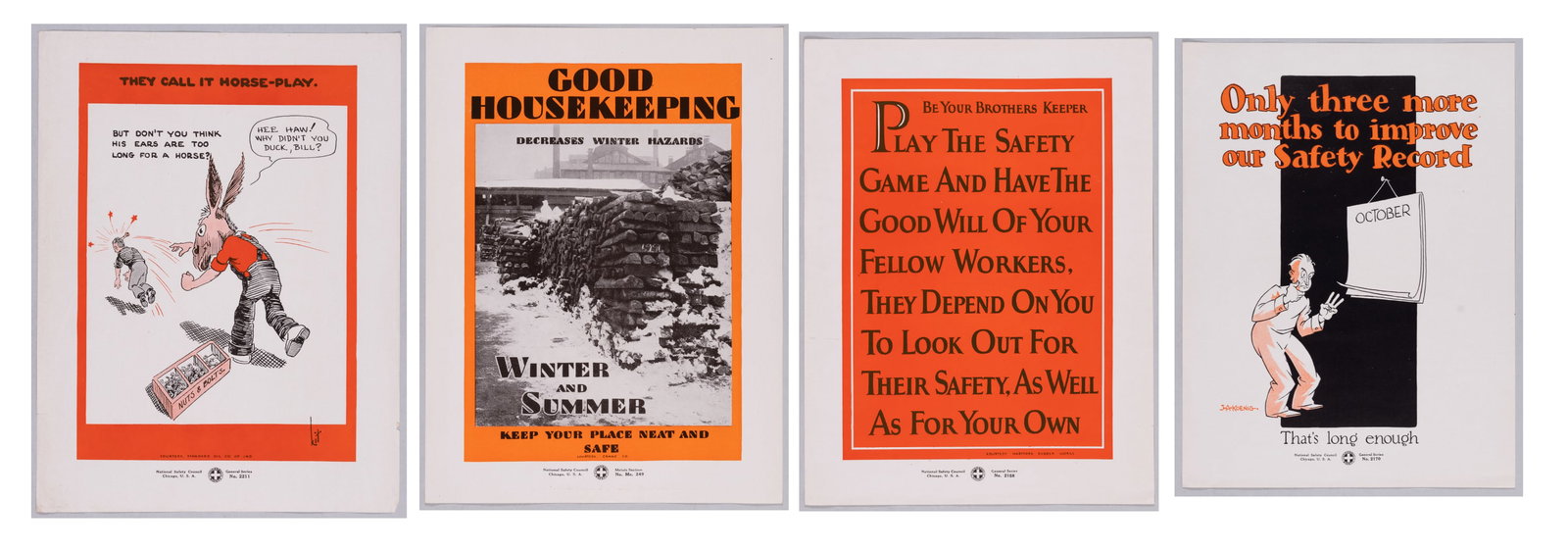 FOUR 1927 INDUSTRY NATIONAL SAFETY COUNCIL POSTERS: Selection of four vintage workers safety posters published by the National Safety Council, Chicago, in 1927. Sponsored by industrial giants such as Standard Oil, Crane Co., and Hartford Rubber Works.