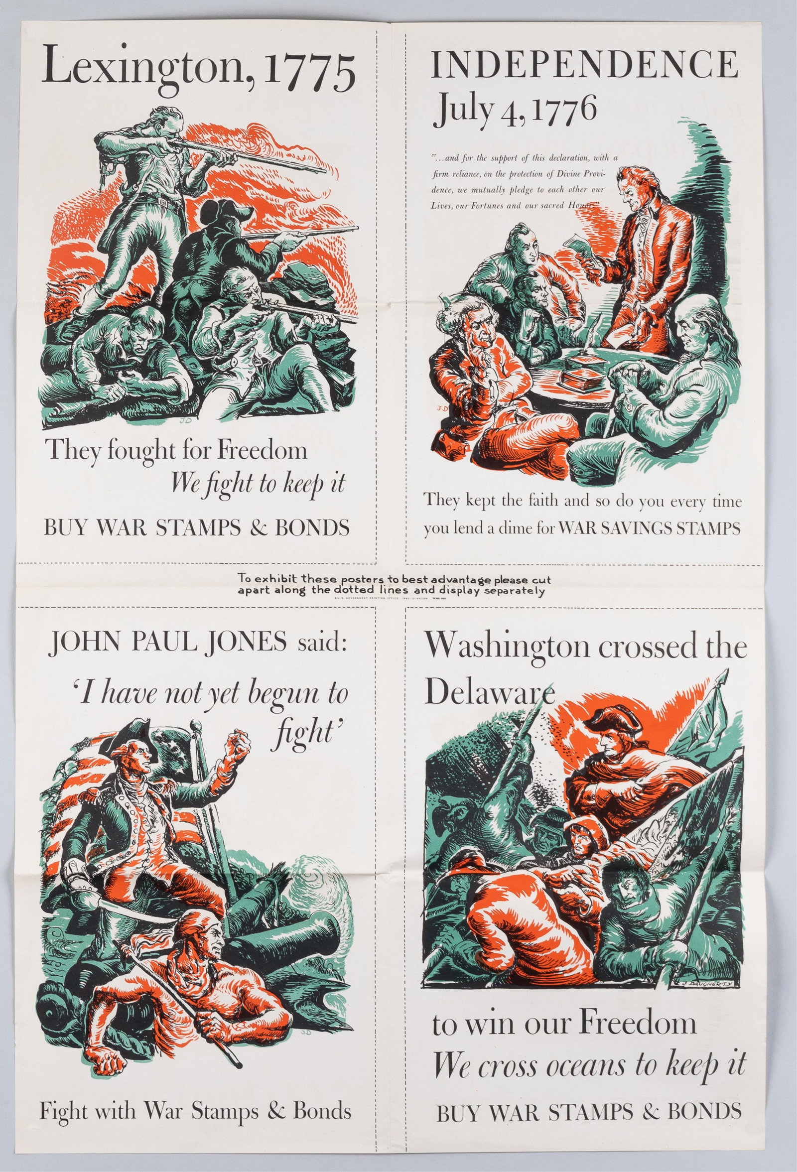 LEXINGTON 1775 WAR BONDS WWII POSTER BY JAMES DAUGHERTY: WWII U.S. Treasury poster, divided into four posters to be cut out: 'Lexington 1775 - Independence July 4, 1776 - John Paul Jones - Washington Crossed the Delaware.' Artwork by James Daugherty (1889 -
