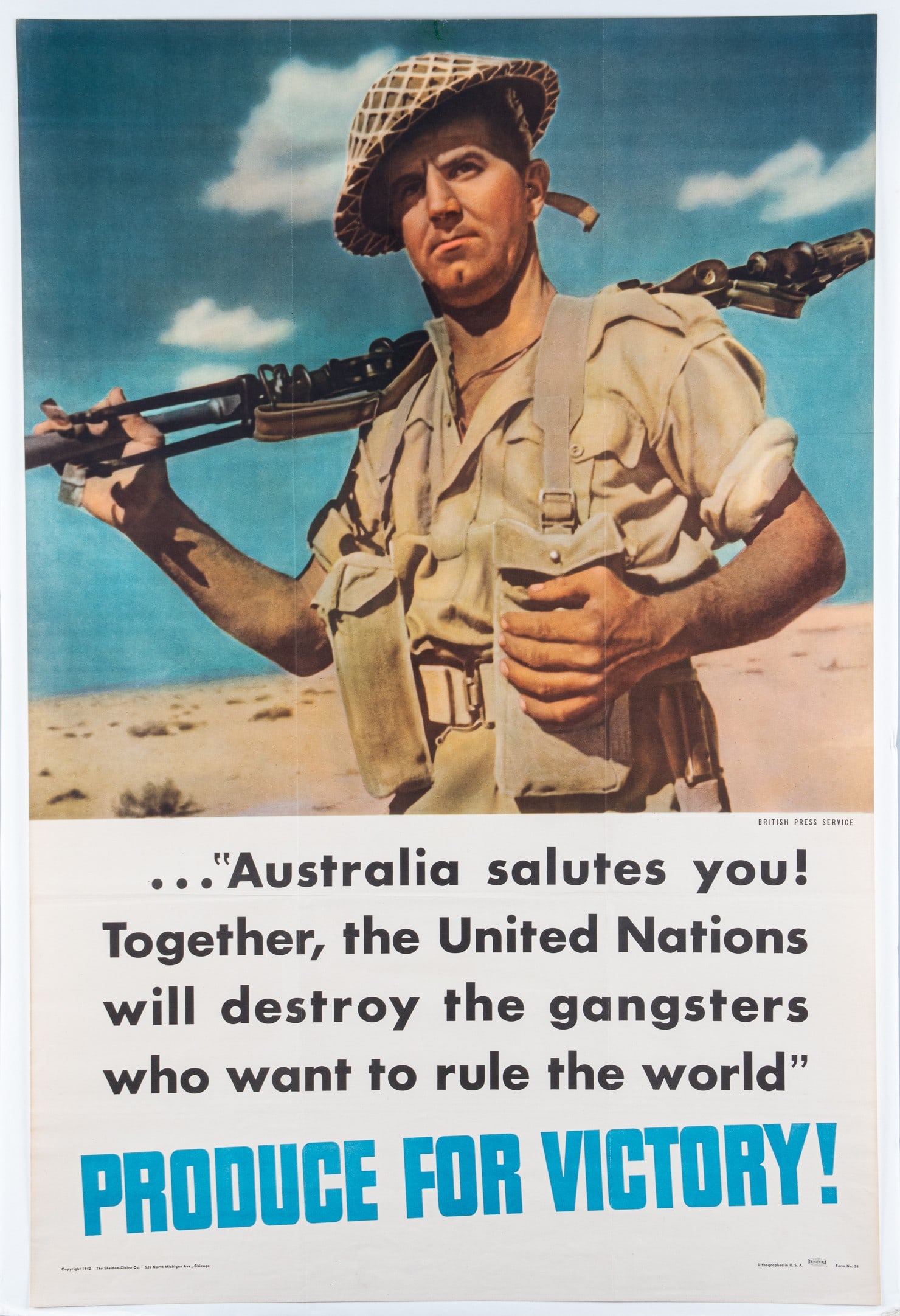 WWII AMERICAN WAR PRODUCTION POSTER: WWII American War production poster, '...Australia salutes you! Together, the United Nations will destroy the gangsters who want to rule the world / Produce For Victory!' British Press Service, Copyri
