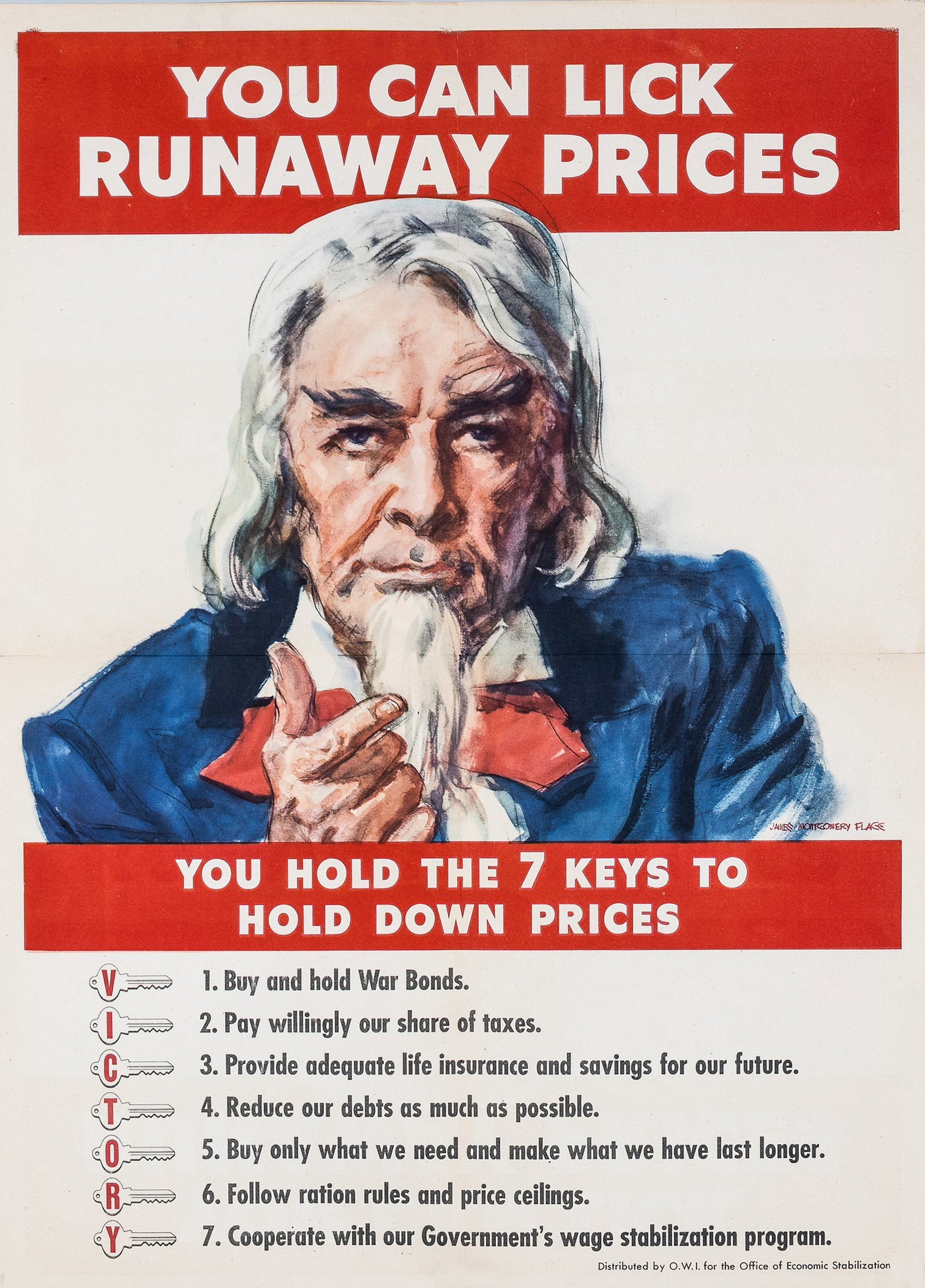 WWII UNCLE SAM POSTER LICK RUNAWAY PRICES - JAMES MONTGOMERY FLAGG: James Montgomery Flagg (1877-1960) WWII American War Bond poster, 'You Can Lick Runaway Prices - You Hold The 7 Keys To Hold Down Prices.' O.W.I. for the Office of Economic Stabilization. Mailing Fold