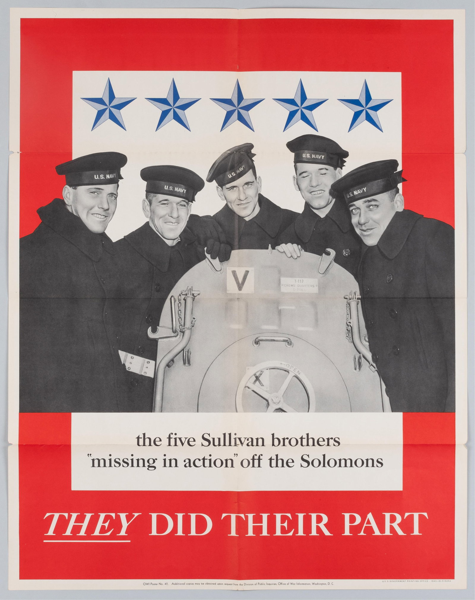 THE FIVE SULLIVAN BROTHERS MISSING IN ACTION WWII POSTER: WWII American poster featuring the five Sullivan brothers, 'The five Sullivan brothers 'missing in action' off the Solomons - They Did Their Part.' OWI poster No. 42, Washington, D.C., Government Prin