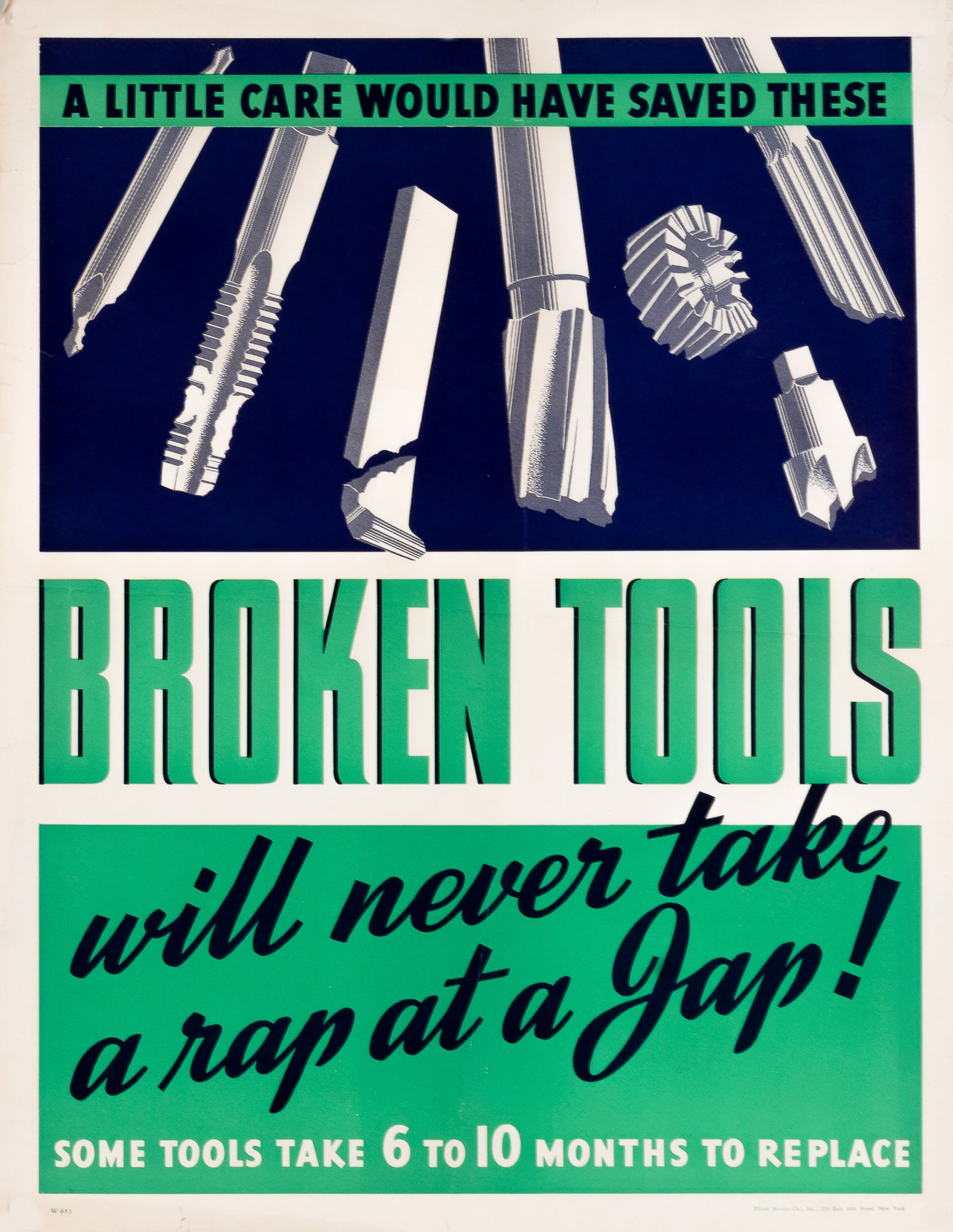 BROKEN TOOLS WWII ANTI-JAPAN PROPAGANDA POSTER: WWII anti-Japan propaganda poster for factories, 'Broken Tools will never take a rap on the Jap!' Folds, creases, and minor chips around the margins. 22 x 17 inches.