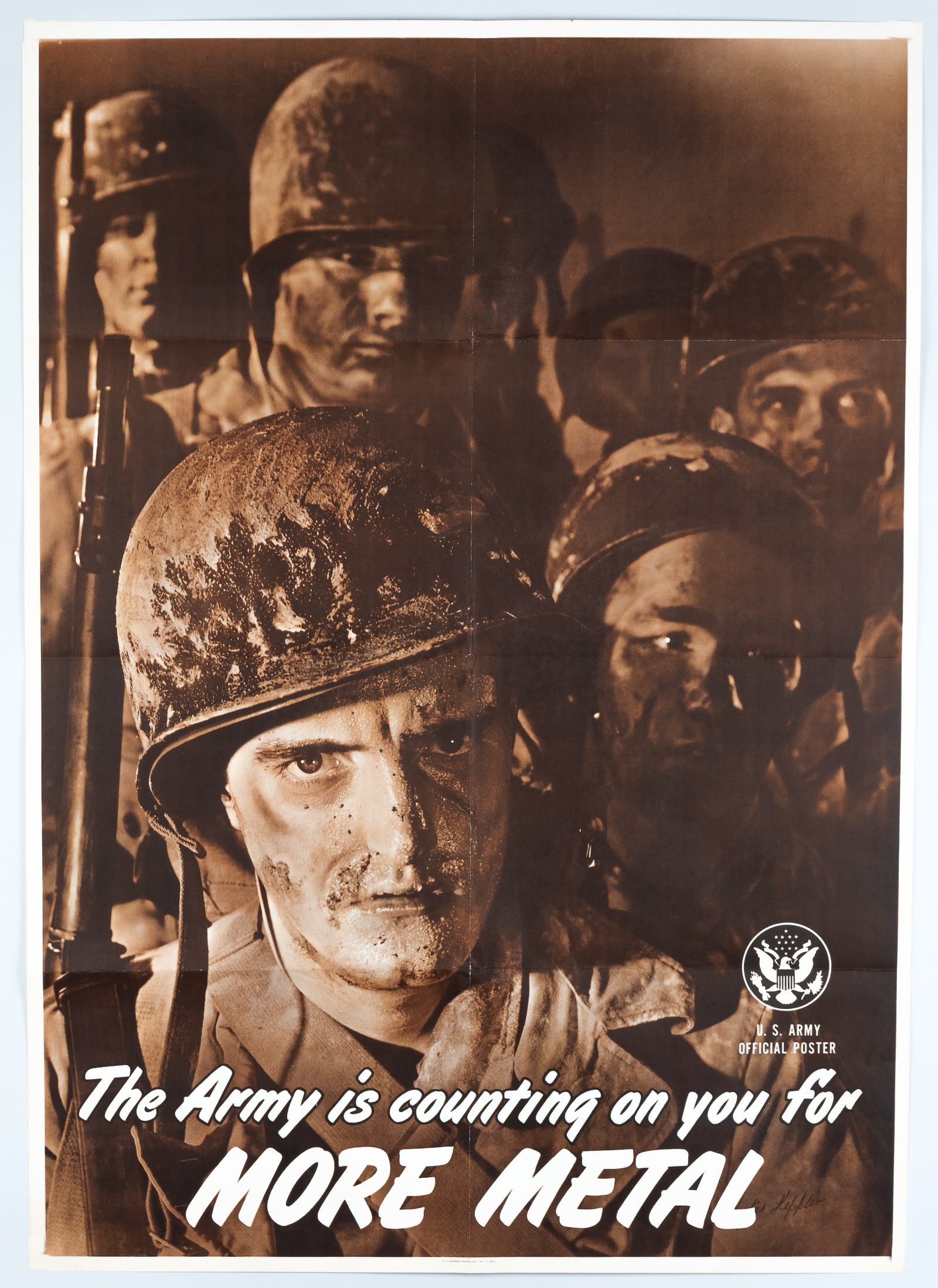 THE ARMY IS COUNTING ON YOU FOR MORE METAL WWII PROPAGANDA POSTER: WWII U.S. Army propaganda poster, 'The Army is counting on you for MORE METAL.' Home front recycling drive campaign. Photograph by Victor Keppler of a group of American soldiers. U.S. Army Official Po