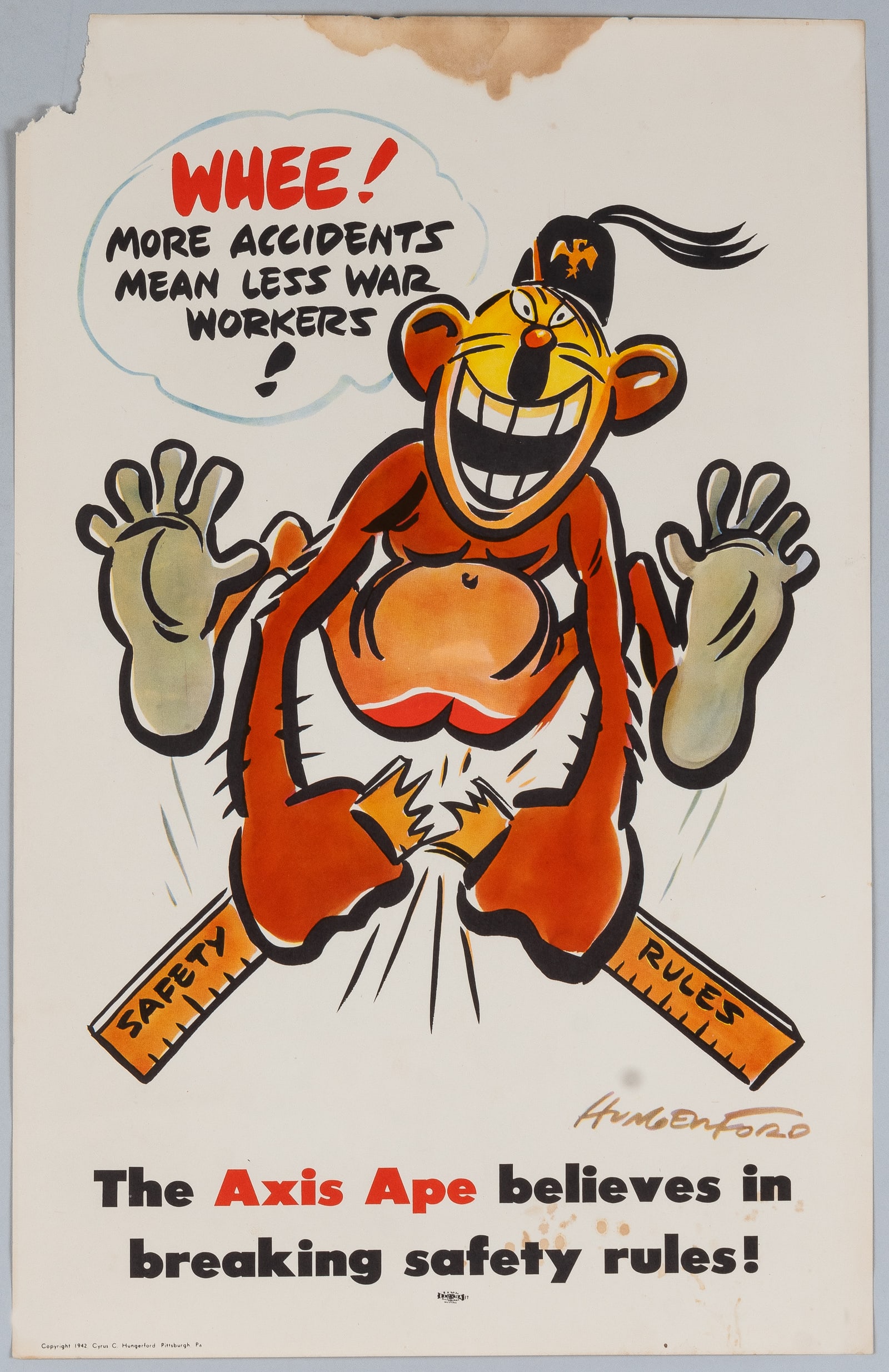 AXIS APE MORE ACCIDENTS LESS WAR WORKERS WWII POSTER CY HUNGERFORD: WWII propaganda poster for factories and defense contractors, illustrated by Cyrus Hungerford, 1942. 'Whee More Accidents Mean Less War Workers! - The Axis Ape believes in breaking safety rules!' The 