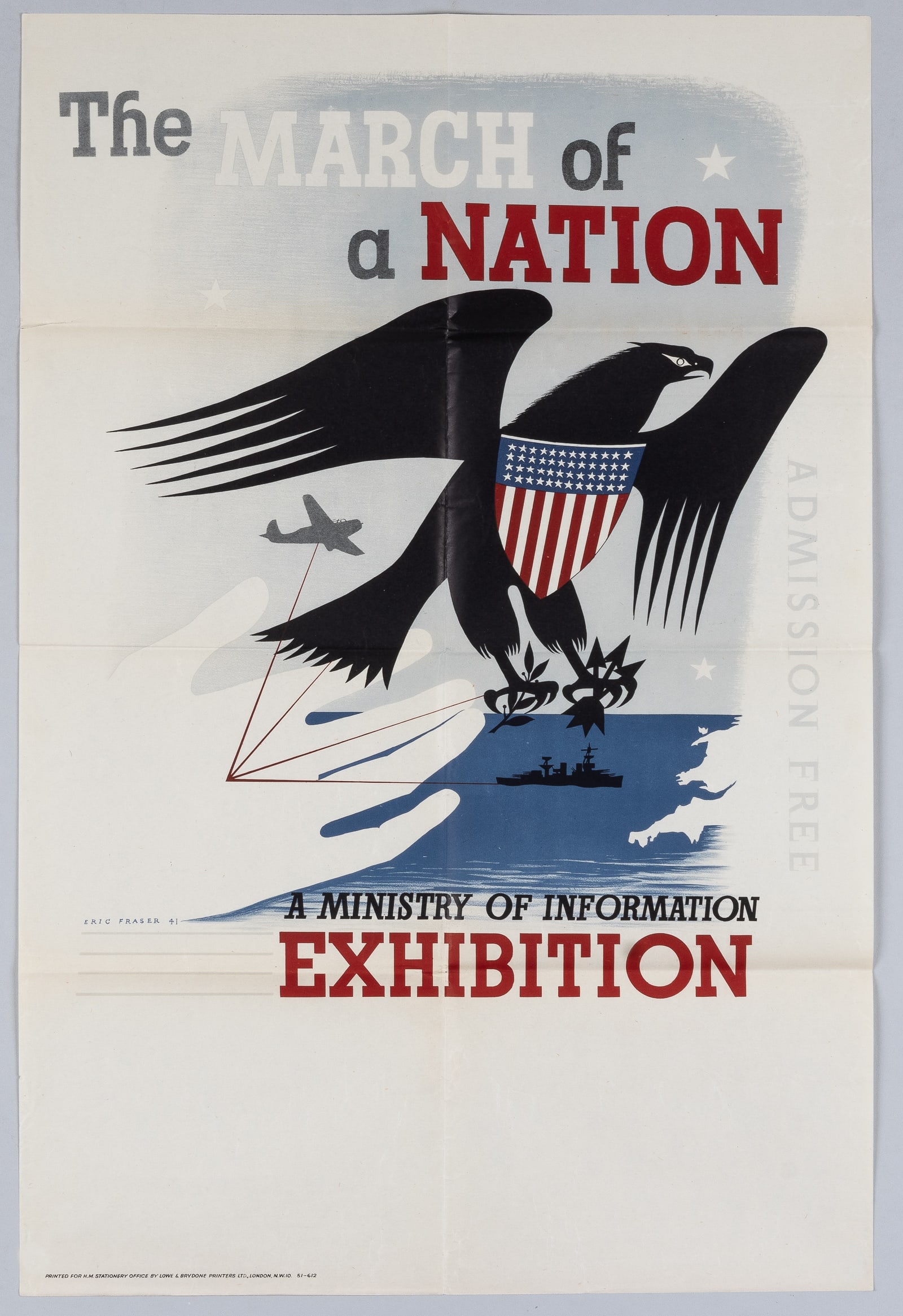 THE MARCH OF A NATION WWII BRITISH POSTER BY ERIC FRASER: Rare WWII British propaganda poster from 1941, 'The March of a Nation ? A Ministry of Information Exhibition.' The British Ministry of Information organized this exhibition to boost civilian morale an